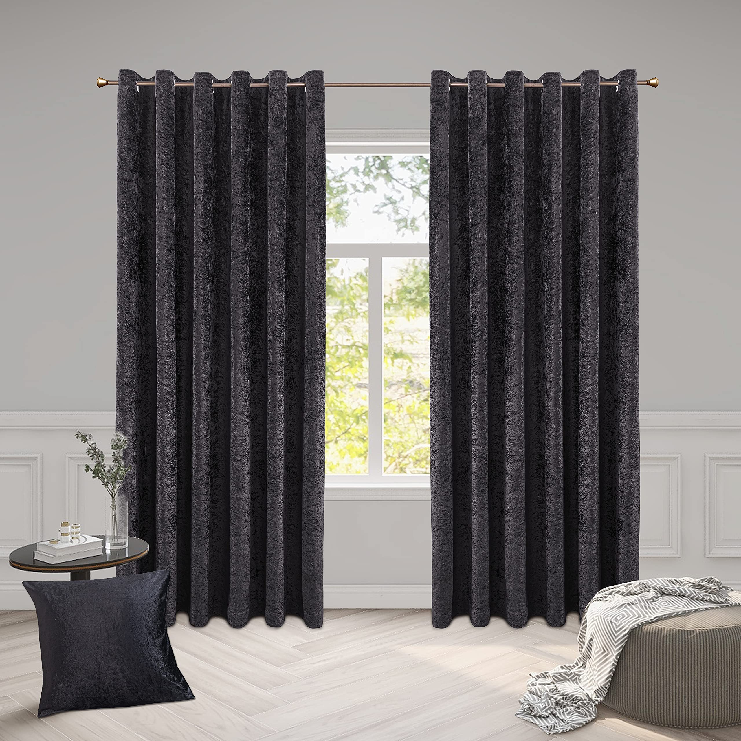 ROOEE Luxury Crushed Velvet Curtains PAIR Fully Lined Eyelet Ring Top For Bedroom, Living Room, Kitchen, Office (Black, 46" Wide x 72" Drop)