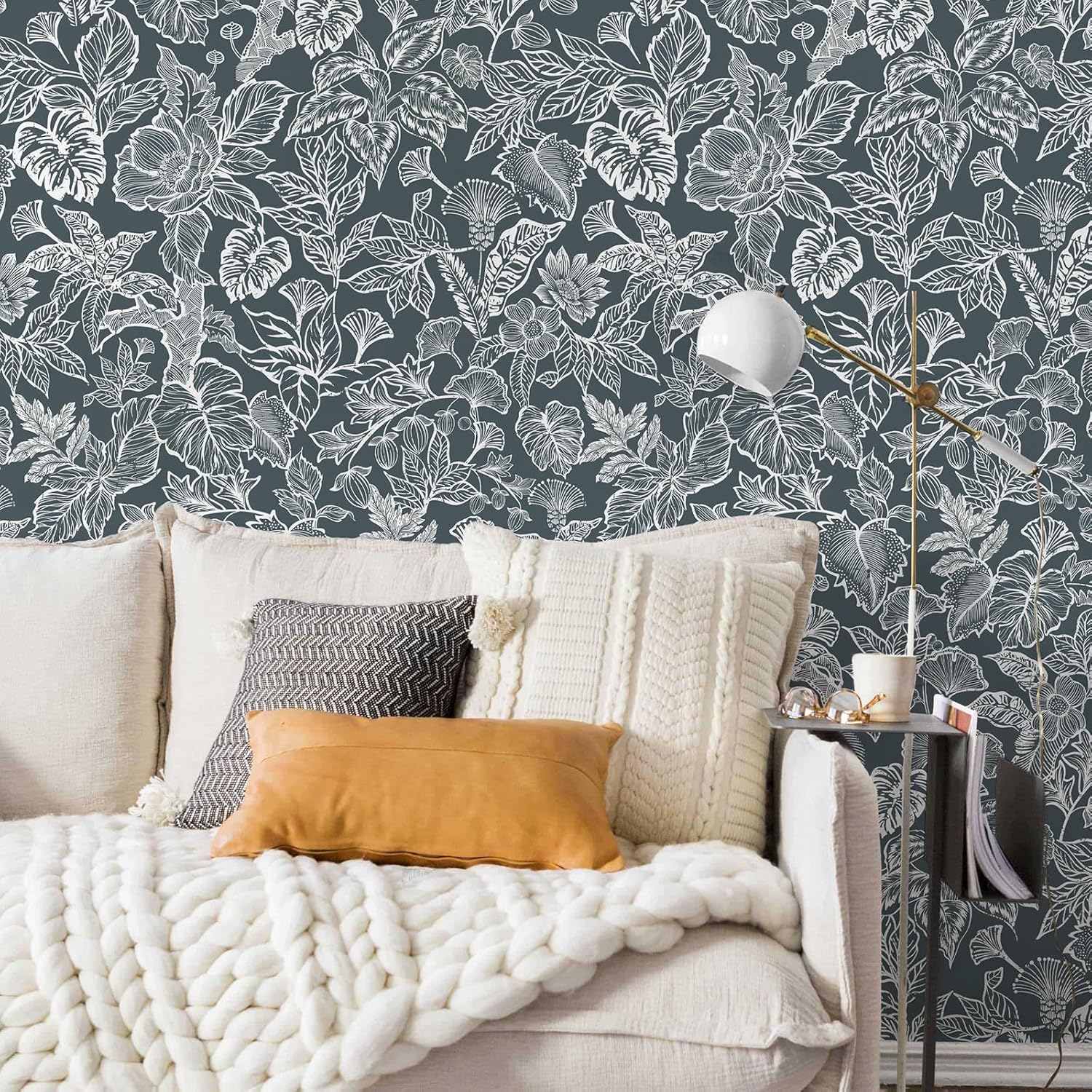 Fititem 197inL 17.3inW Tropical Peel and Stick Wallpaper Boho Contact Paper Cabinet Dark Blue Navy White Removable Self Adhesive Contact Paper Modern Floral Leaf Bedroom Bathroom Wallpaper Waterproof