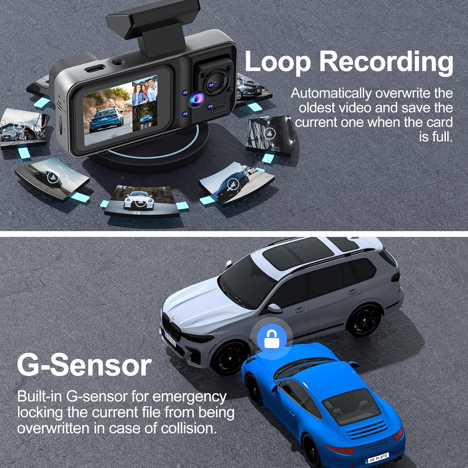 Image showing a car collision with a lock icon, indicating the G-Sensor activating to protect footage.