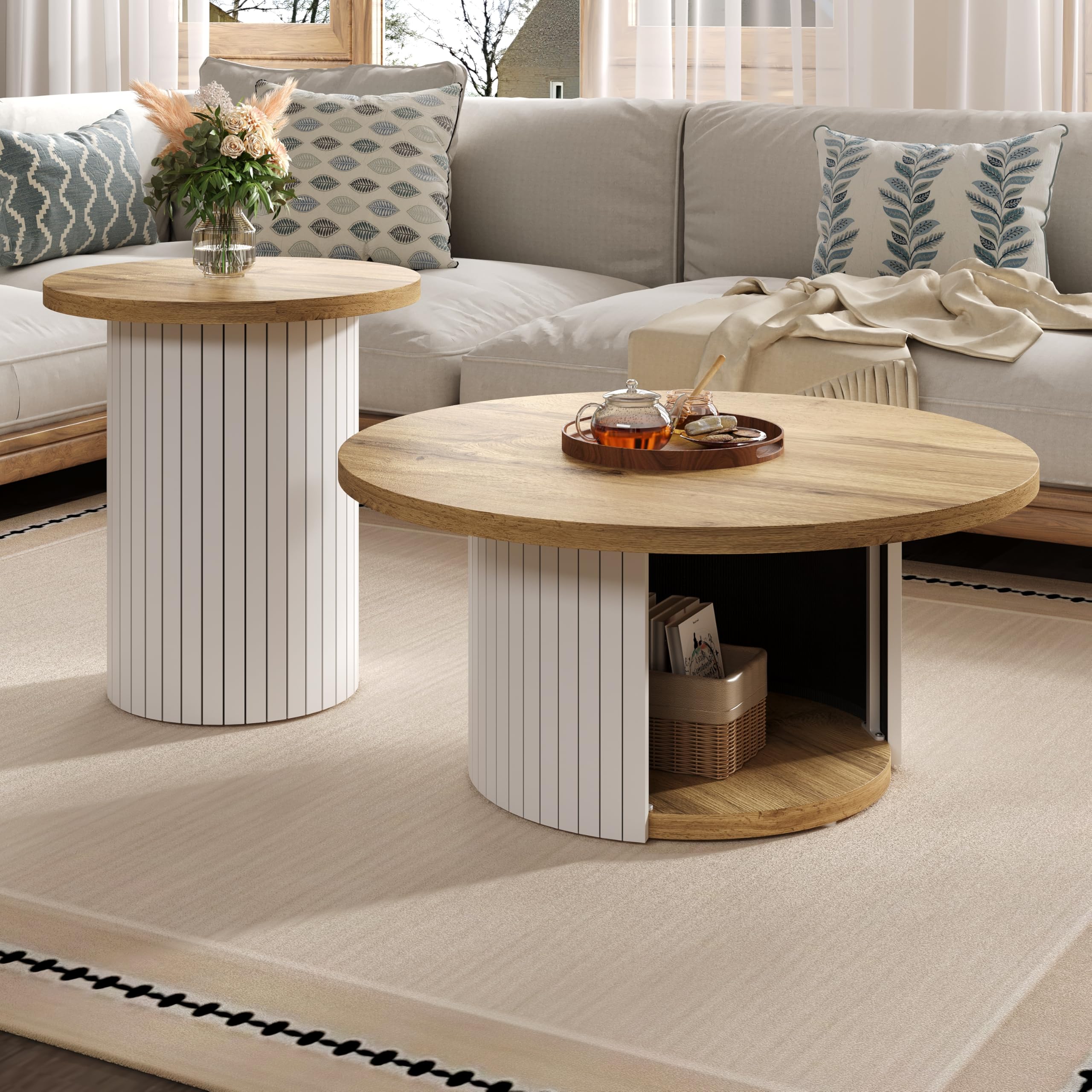 Mesa de centro, mesa redonda doble, mesa auxiliar con listones de madera natural. Mesa de salón multifuncional