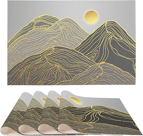 Juego de 4 manteles individuales de montaña de acuarela gris, abstractos, dorados, montañas, mesa de comedor, arte de sol Morden, PVC, impermeables,