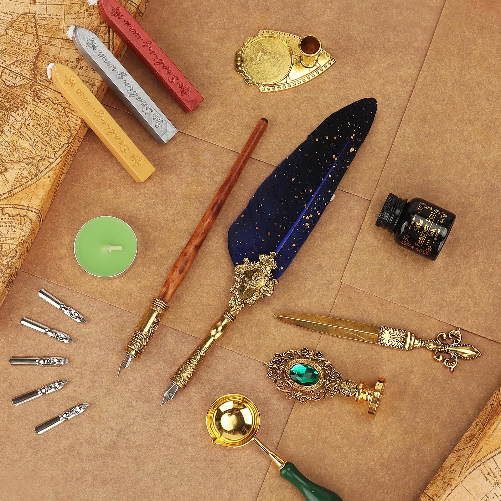 Set Inchiostro Penna Piuma,Penna a Immersione,Penna Calligrafica con Penna D'oca e Pennas di Legno,5 Pennini Ricambio,Portapenne,Timbro Sigillo,Inchiostro,Set di Scrittura per Idee Regalo