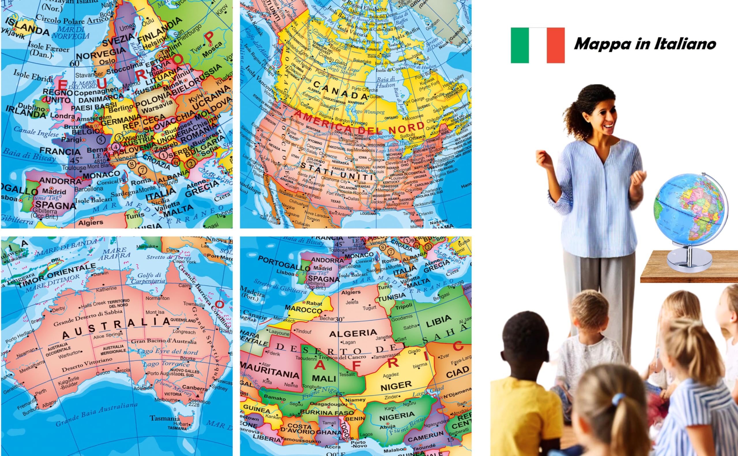 Exerz Mappamondo Illuminato 23cm Mappa Italiana Supporto Metallo LED | Modalità giorno notte con costellazioni senza fili per studio cameretta ufficio bambini dagli 8 anni e regali