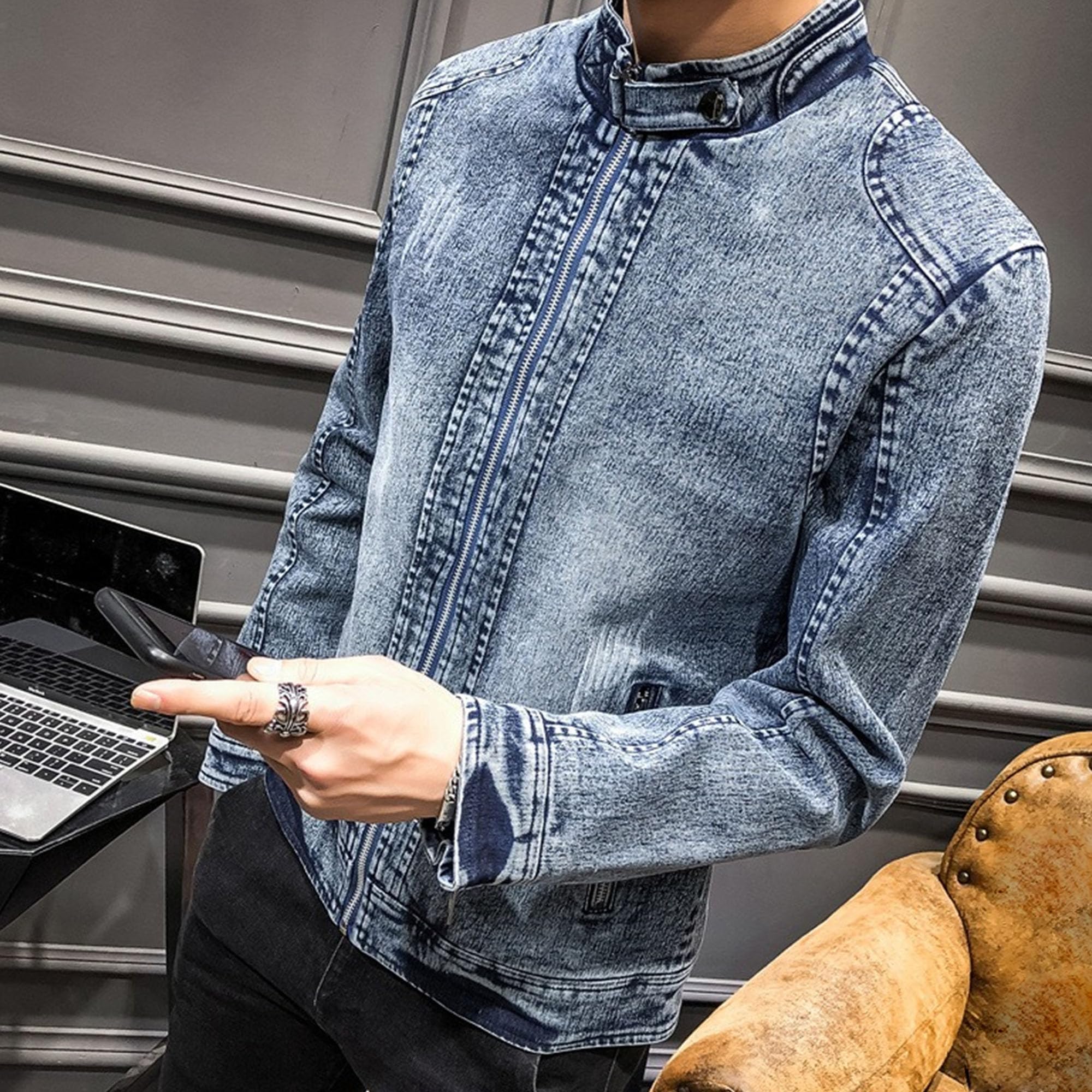 Veste de moto rétro en jean avec col montant et fermeture éclair intégrale