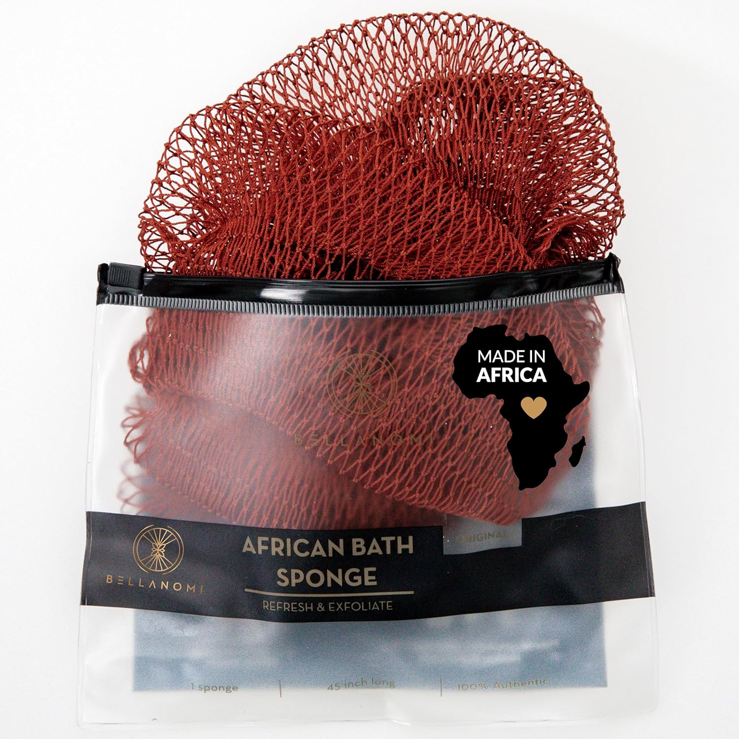 BELLANOMI African Exfoliating Net Sponge, Authentic, Ethically sourced from Nigeria, 45 inches Long, Back Scrubber for Daily use (Copper Brown)