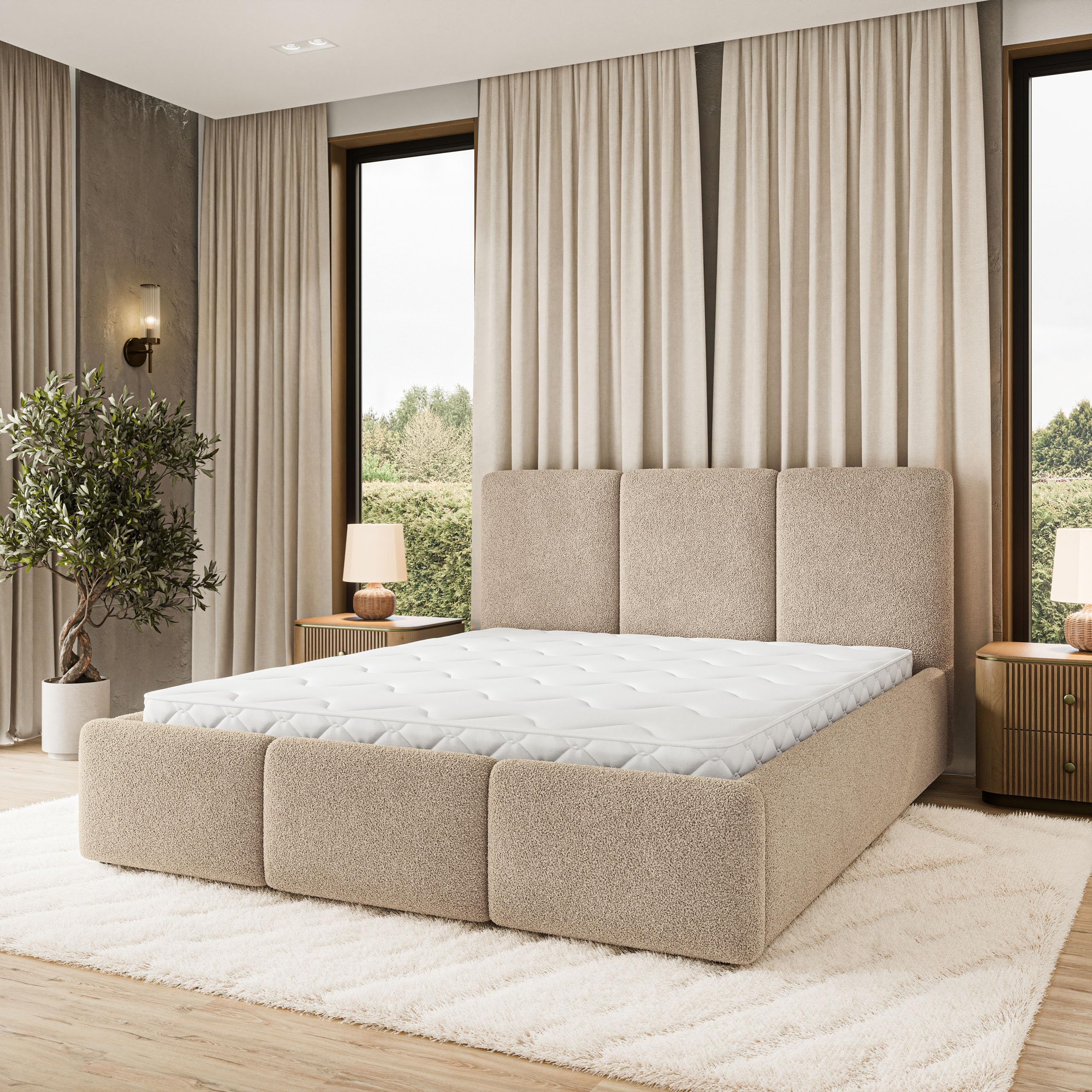 Masseno Łóżko tapicerowane MORENA Q 140x200 cm, Nowoczesny Podwójne łóżko z Pojemnikiem na pościel, Stelażem i Wezgłowiem - Beżowy QUELLE 05