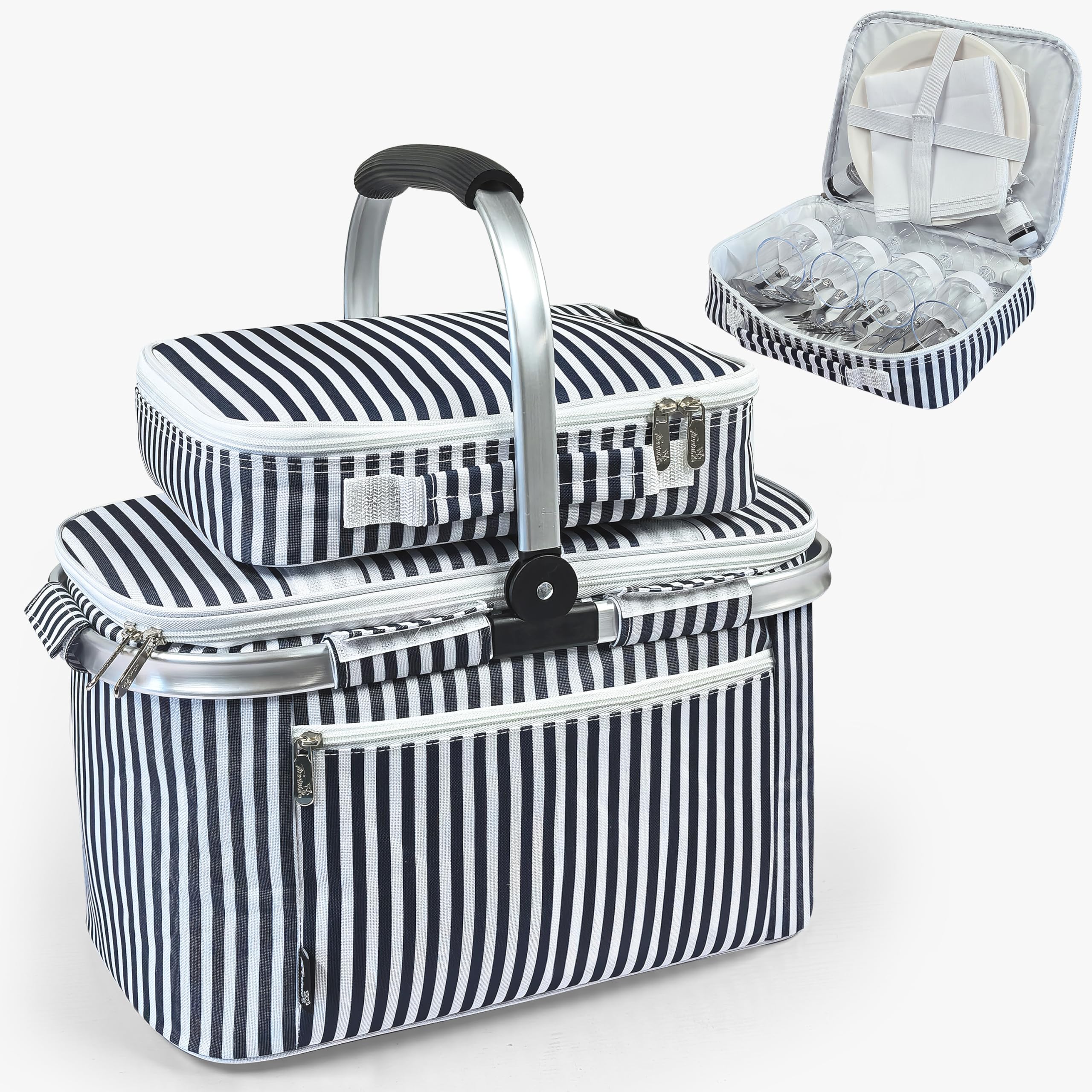 Kato Tirrinia 34 L Einkaufskorb faltbar kühltasche mit Deckel, picknickkorb 2 personen mit Bestecktasche, Aluminiumrahmen picnic basket, 42.67×24.6×25.4cm, für Einkäufe, Reisen und Picknick (Streifen)