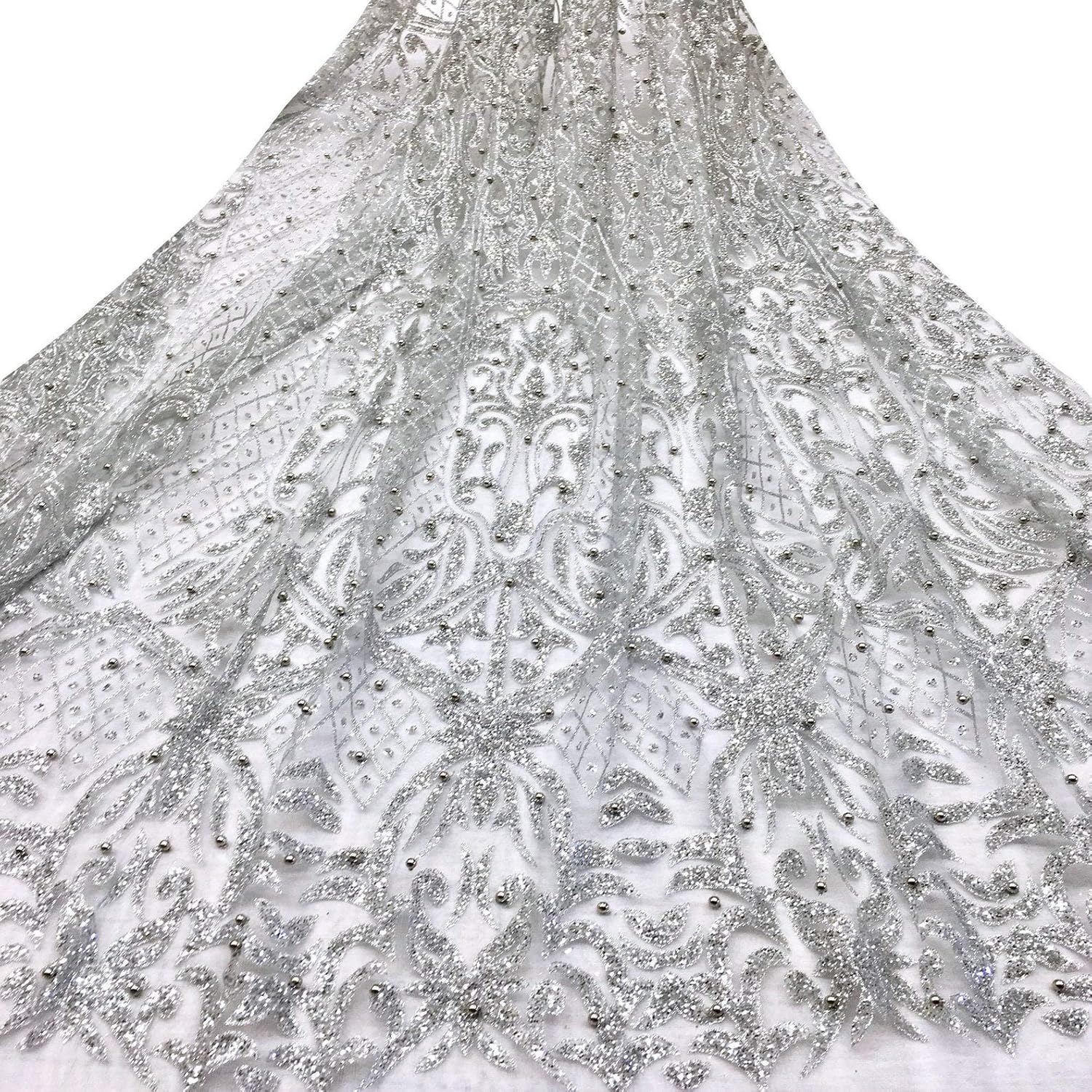 Bellagio Metallic Silver Glitter on Light Tulle Mesh Lace Fabric/Sold by The Yard