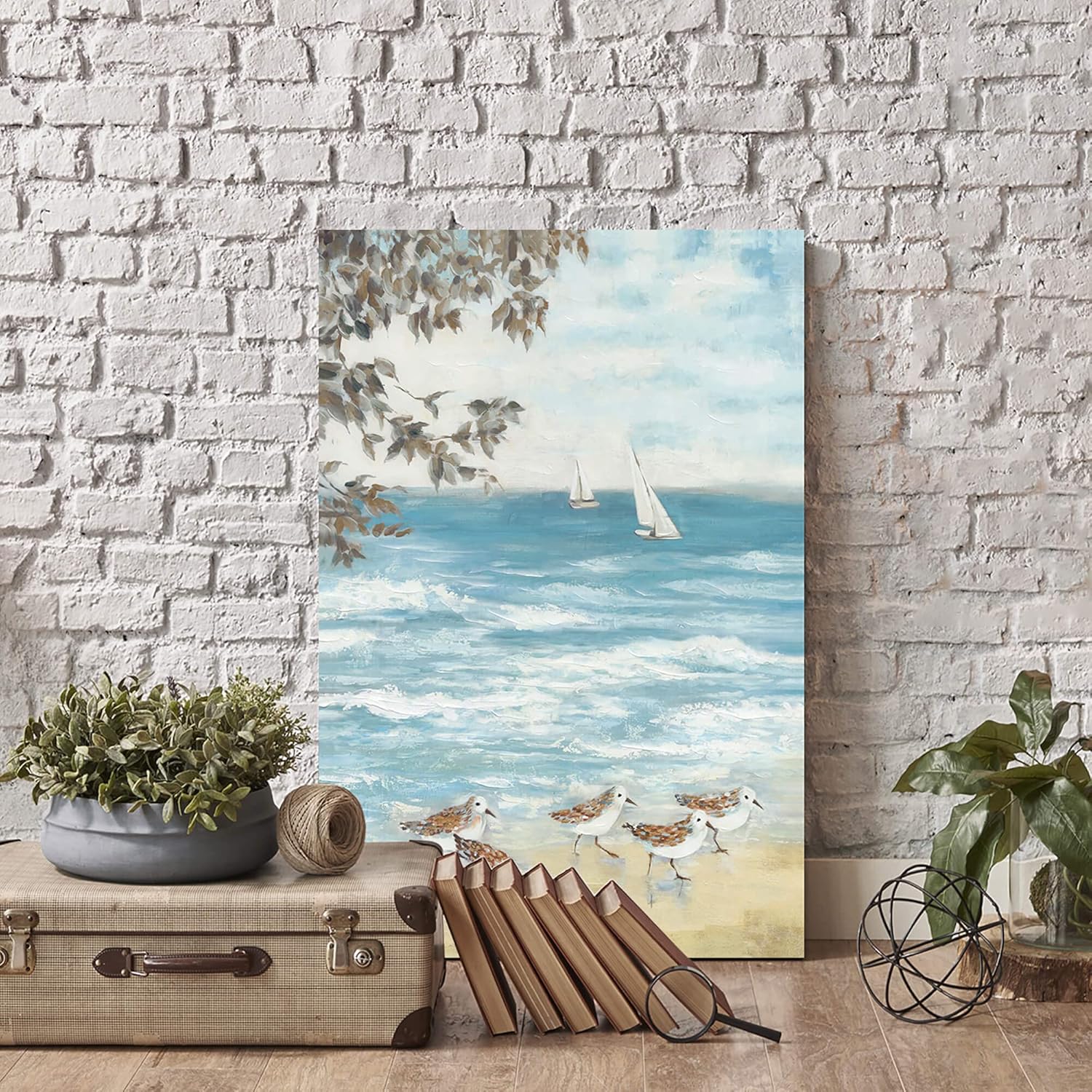 summer melody Beach Painting Canvas Wall Art: Coastal Sandpiper Canvas Abstract Ocean Artwork for Bedroom Seashore Seagull Picture Seaside Nature Prints Blue Seascape Sea Bird Art
