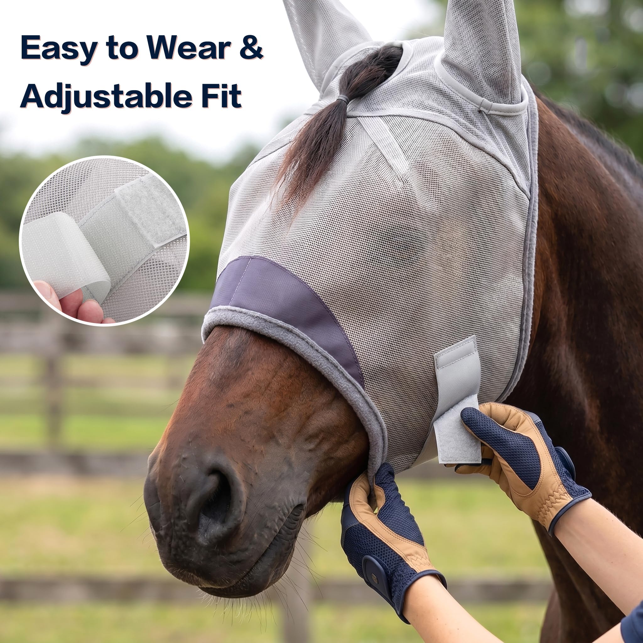 Horse Fly Mask with Ears - UV Protection Fine Mesh Super Comfort Fly Masks for Horses, Adjustable Breathability Horses Masks, Pony Equine Fly Mask for Miniature Foal Draft Cob Srabian Full (Gray, L) - image 4