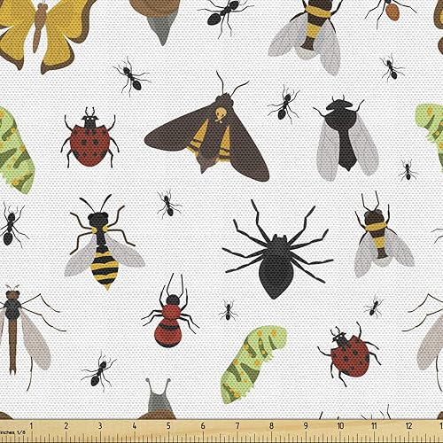 Ambesonne Tela entomológica de The Yard, concepto de vida silvestre con un surtido de coloridos insectos temáticos de naturaleza biológica, tela