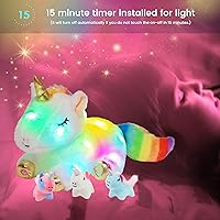 Vista 7 de Hopearl Unicornio de peluche LED con iluminación, unicornio mamá con 3 unicornios bebés en su barriga, juego de peluches flexibles con luces