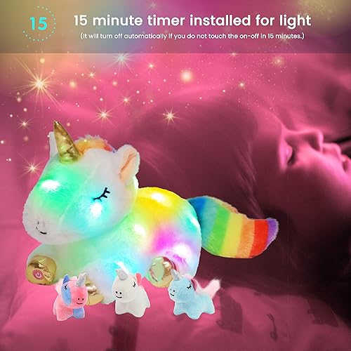 Miniatura 7 de Hopearl Unicornio de peluche LED con iluminación, unicornio mamá con 3 unicornios bebés en su barriga, juego de peluches flexibles con luces de