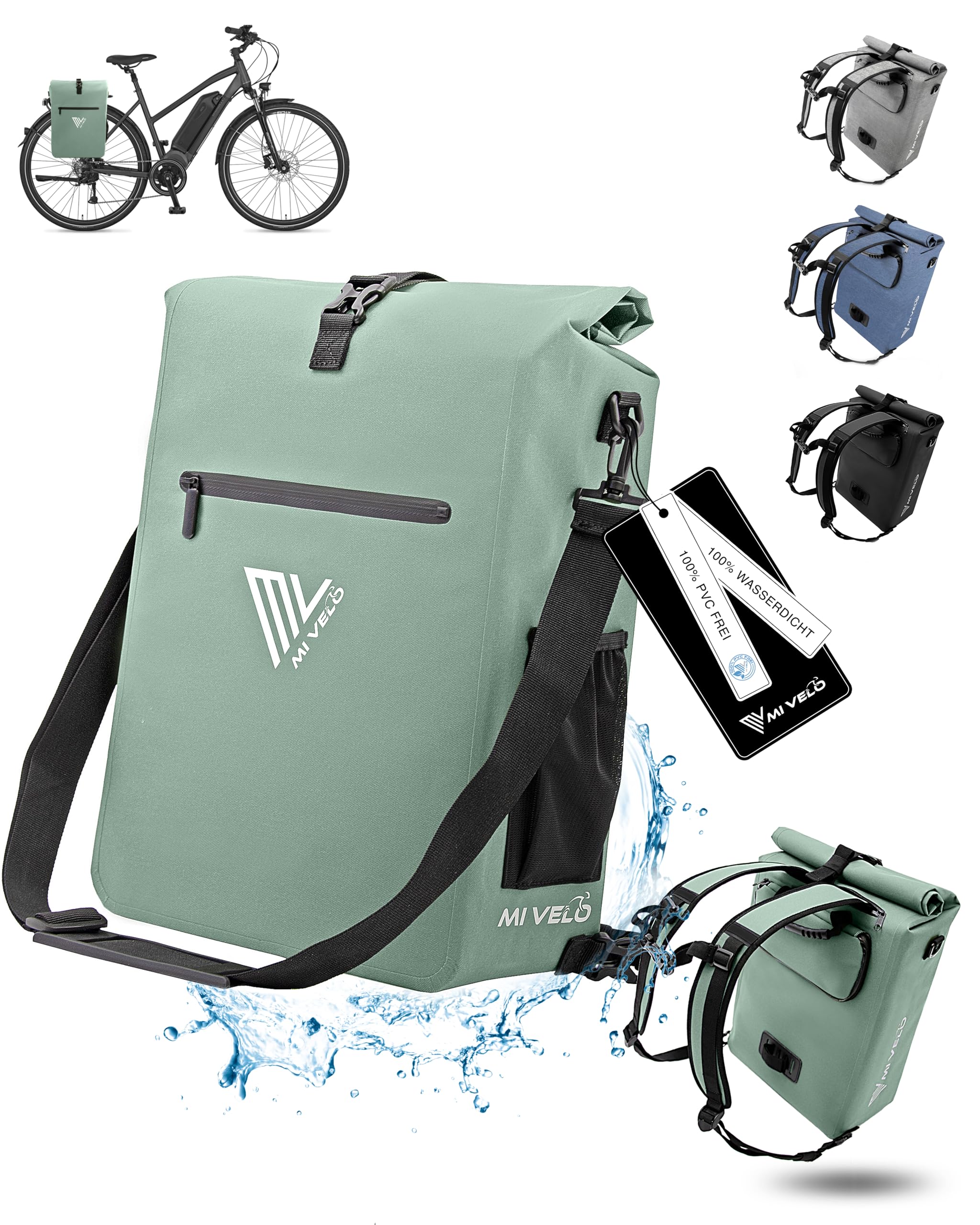 MIVELO Fahrradtasche für Gepäckträger - 3in1 Gepäckträgertasche Rucksack Umhängetasche - 100% wasserdicht und PVC-frei - mit herausnehmbarer Laptoptasche (Mint)