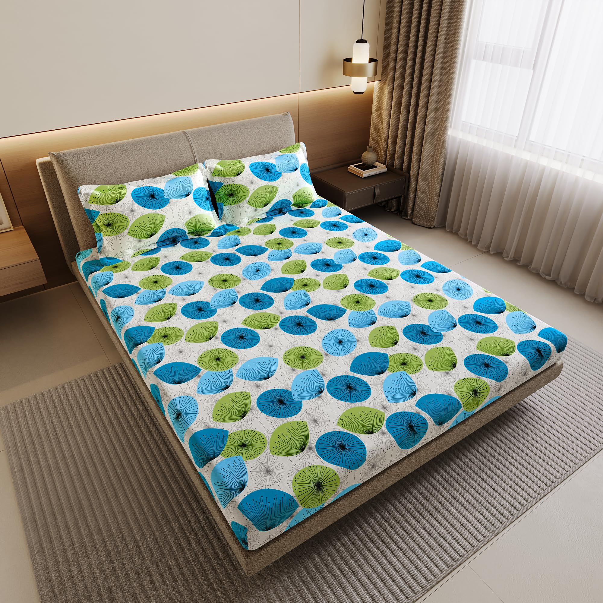 Divine Casa 144 TC Cotton Double Bedsheet with 2 Pillow Covers | Soft Comfortable Bedsheet for Double Bed | Breathable Printed Bedding Set | 222 x 254 cm (Aqua Green, Floral)