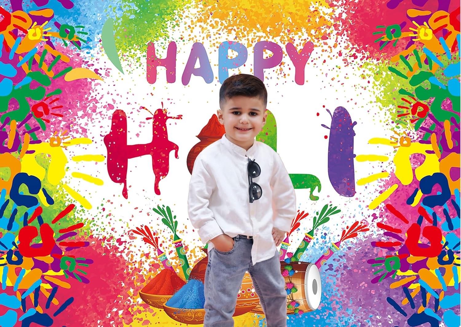 XCKALI Colorful Happy Holi Backdrop Hindu Colorful Powder Graffiti Handprint Pattern Flag Party Decoration Indian Cake Smash Decorations 8x6FT