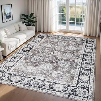 Imperial Rooms Machine Washable Rugs Living Room Large 200x290 cm   Soft Short Pile Brown Area Rugs For Bedroom Dining Room Non Slip Carpet Traditional Floral Design Vintage Boho Cashmere Rug, Harmony