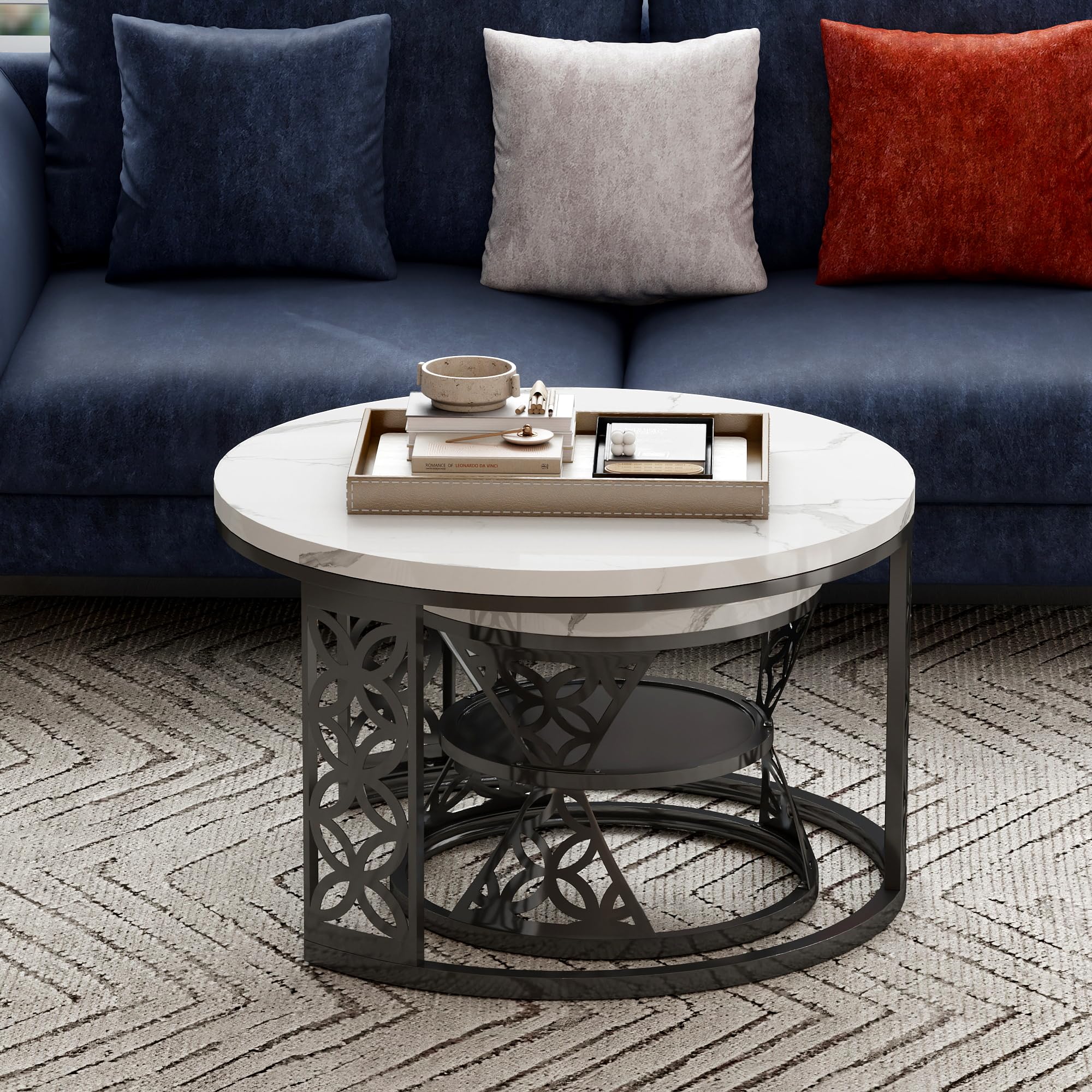 okwish - Mesa de centro redonda con espacio de almacenamiento, mesas nido modernas para salón, balcón, oficina, tablero de MDF blanco y estructura de metal negro, 70 x 45 cm