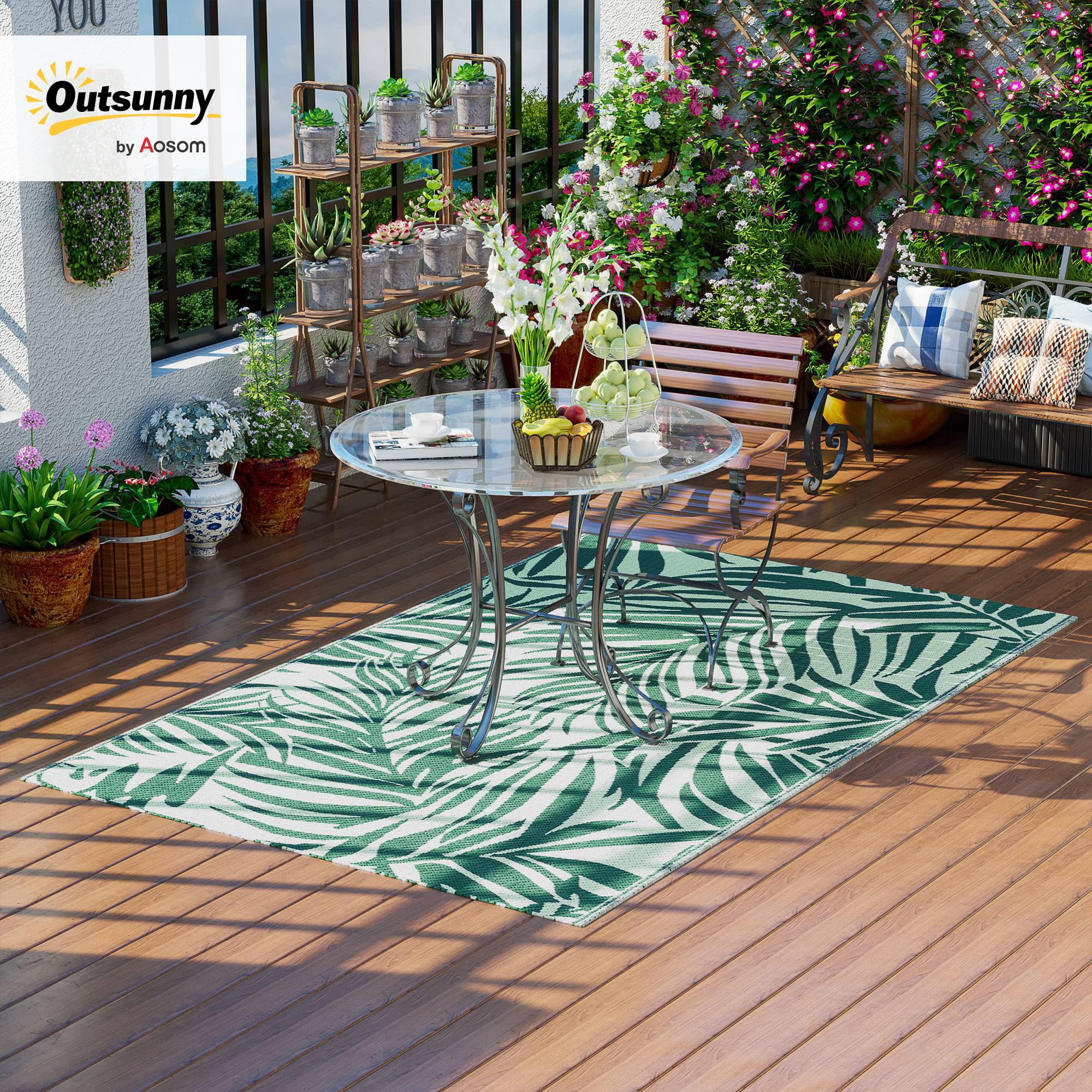 Outsunny Tapis d'extérieur réversible Motif Feuilles Vertes Tropical - polypropylène Haute densité 310 g/m² - dim. 152L x 243l cm Vert