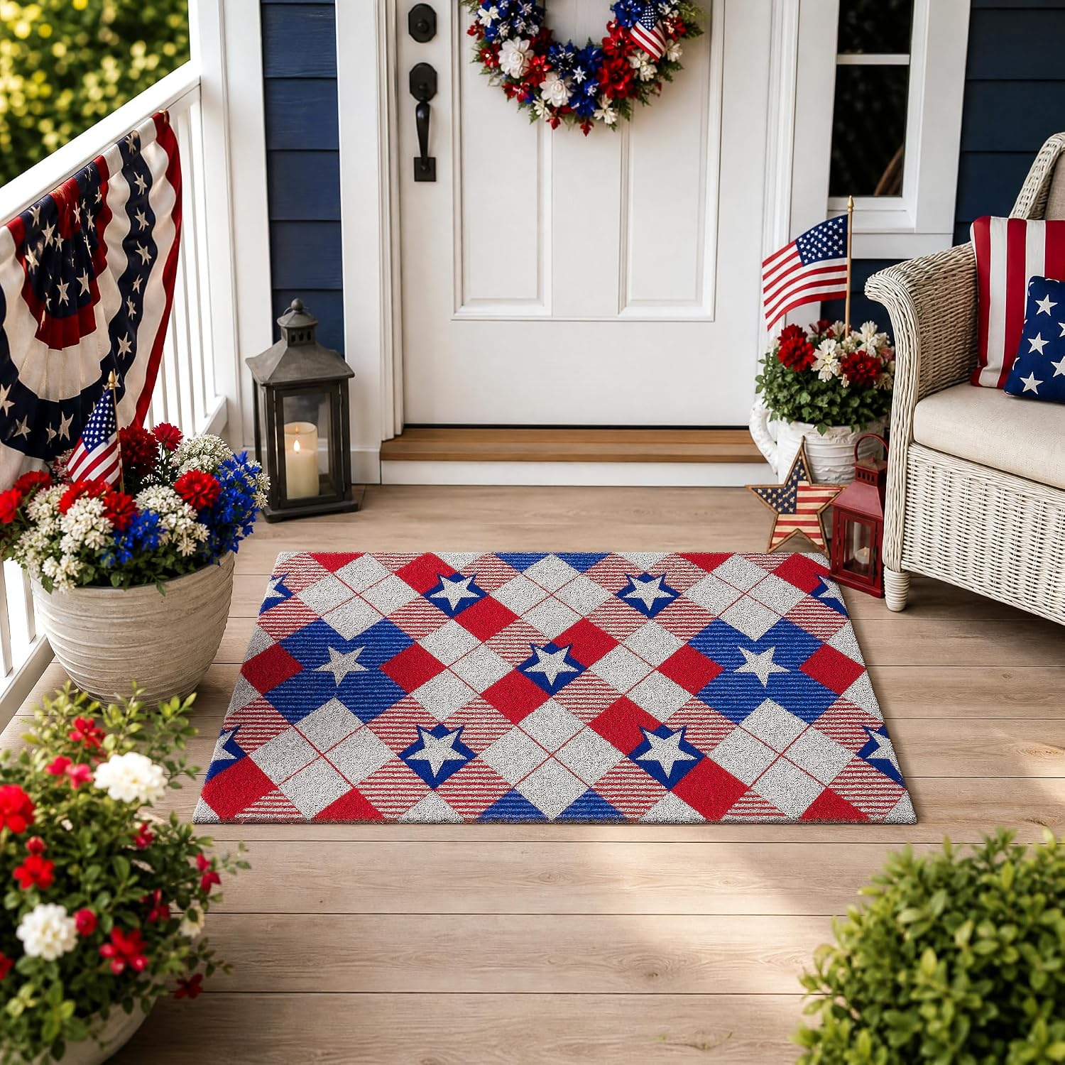 Gifeas 4th of July Patriotic Door Mat, 17x30 Red White Blue Star and Block Welcome Mats with Heavy Duty Backing, Faux Coco Coir Doormat for Independence Day Home Porch Garage Farmhouse Decor