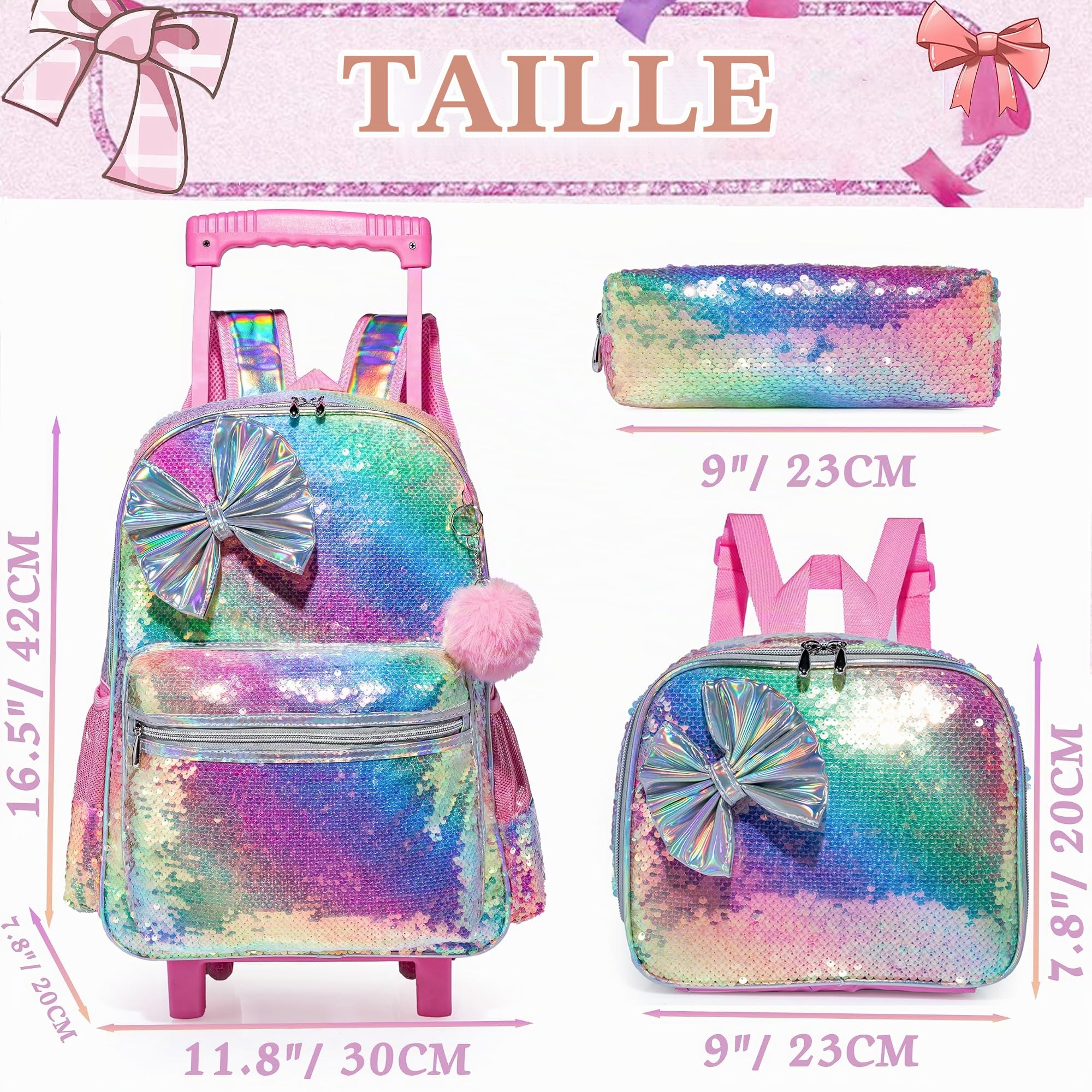 HTgroce Cartable Fille Primaire roulettes, 3 en 1 Cartable Fille Sac à Dos Combinaison Comprend Un Sac à Lunch et Un étui à Crayons