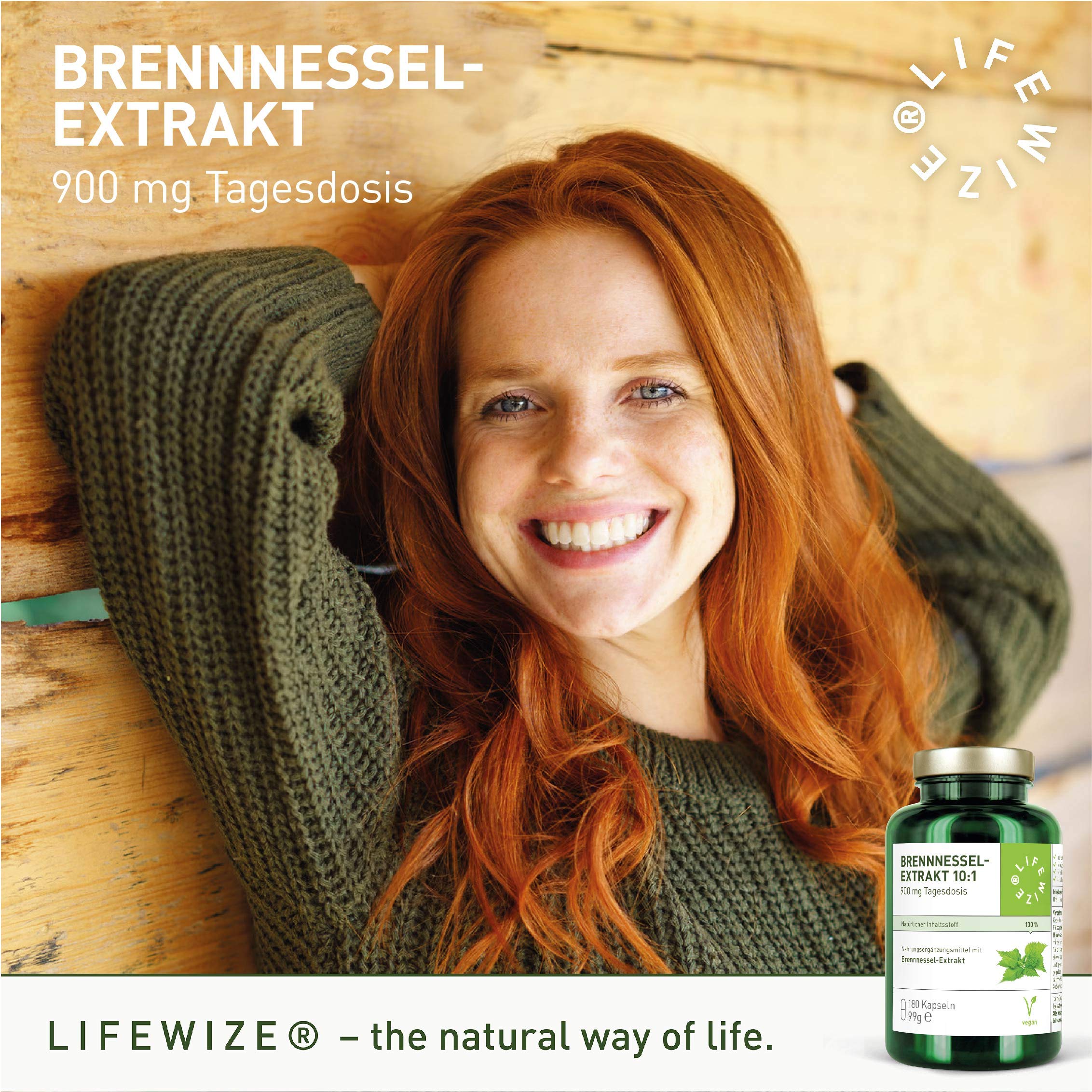 LifeWize® 180 Brennnessel Kapseln - Brennesselkapseln zur Entwässerung - 900mg reiner Brennessel Extrakt 10:1 (Verhältnis) je Tagesdosis - Vegane Alternative für Entwässerungstabletten - Laborgeprüft