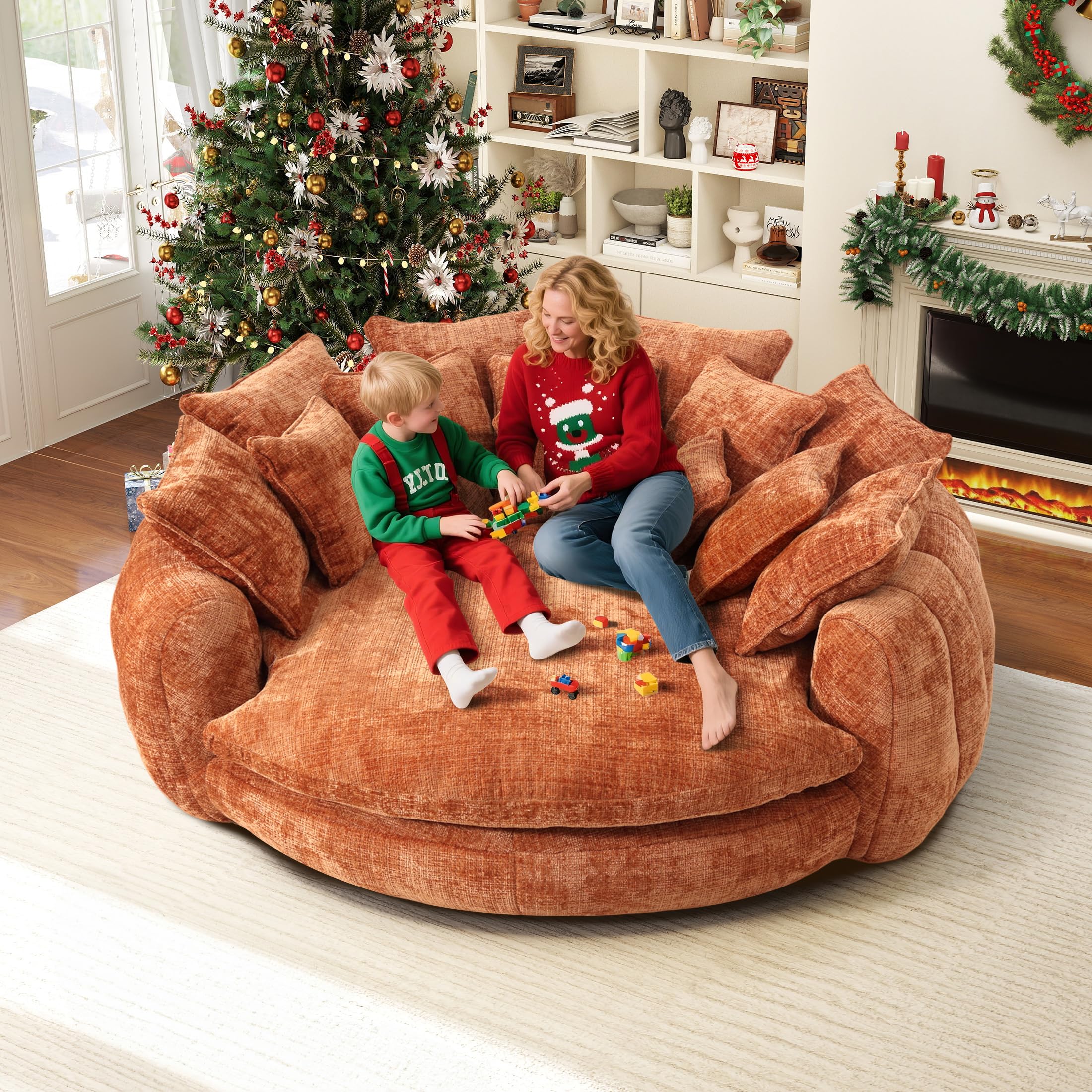 81.1" Cloud Couch Sleeper Sofa, Oversized Round Chaise Lounge Chair Indoor, Modern Chenille Boneless Couch with 14 Pillows, Upholstered Barrel Daybed,