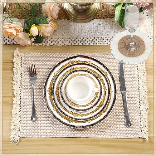 Miniatura 4 de Juego de 13 manteles individuales y posavasos de macramé bohemio, camino de mesa rústico con borlas absorbentes, manteles individuales de arpillera
