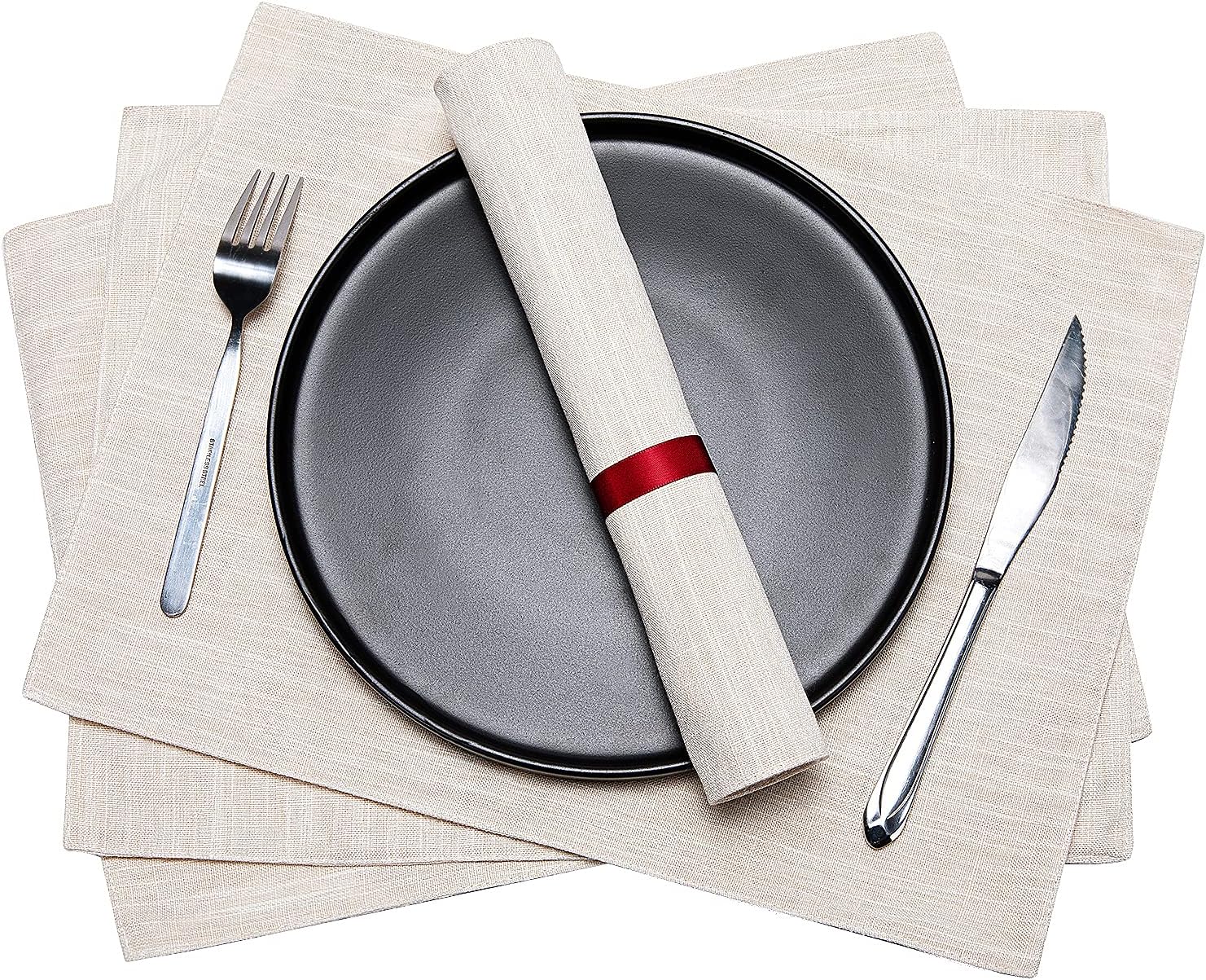 Dubulle Beige Table Runner and Placemats Set of 6 for Kitchen Dining Table Farmhouse Style Thick Cotton Linen Double Layer Heat Resistant Washable Table Runner Place Mats Set…