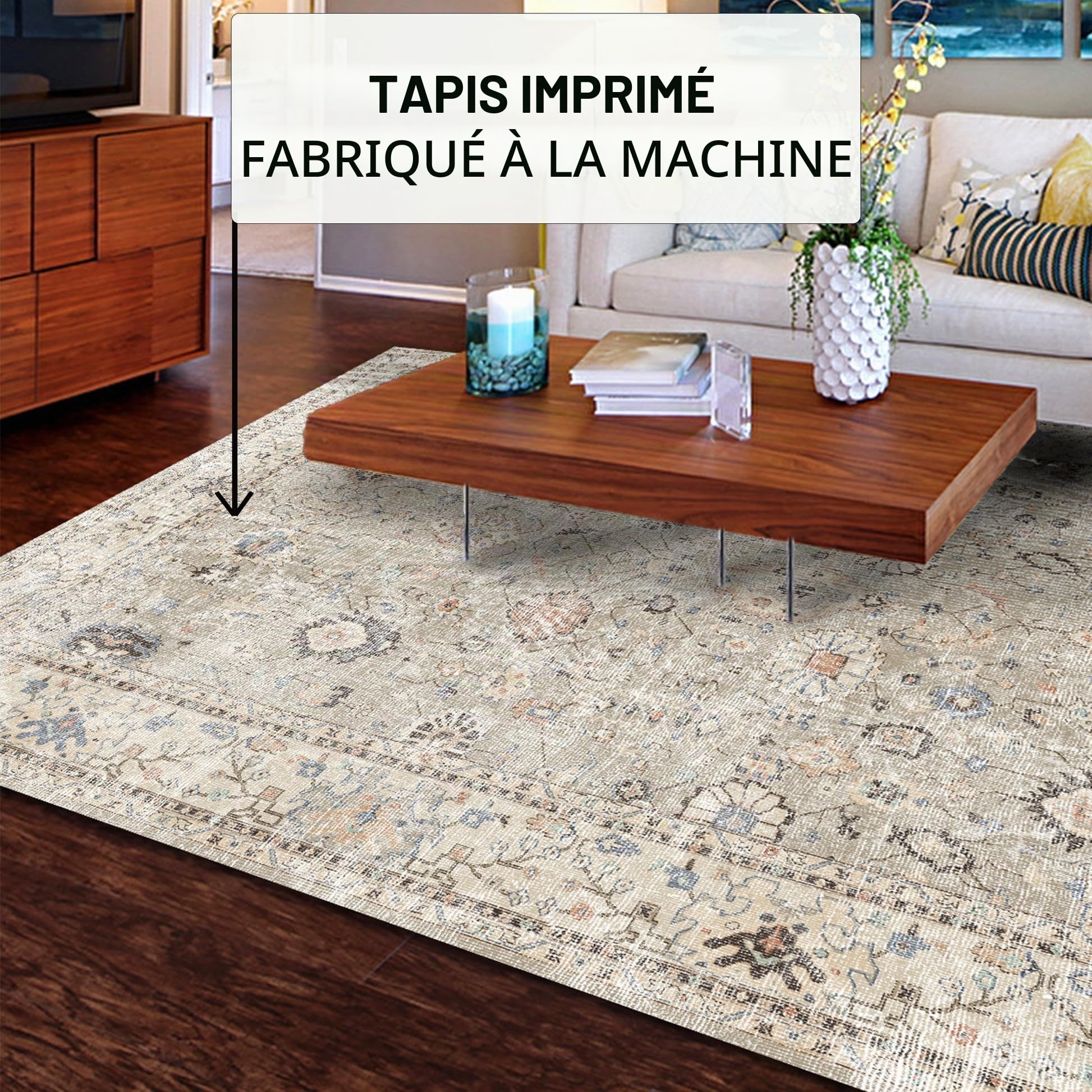 bamyum Monty Tapis Vintage Salon Imprimé Chenille Lavable Fabriqué à la Machine 160 x 230 cm, Beige Cuisine Chambre, Antibactérien Antidérapant