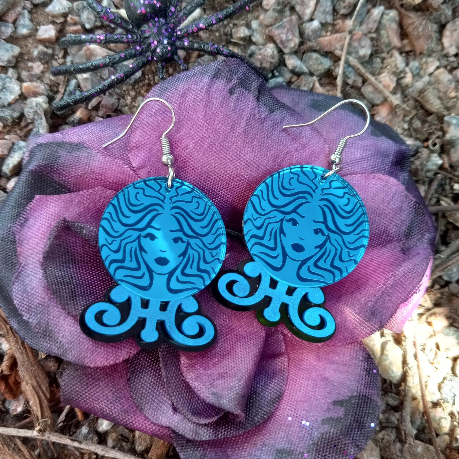Big Blue Haunted Madame Fortune Teller Mystic Face Mansion Inspired Dangle Earrings Jewelry