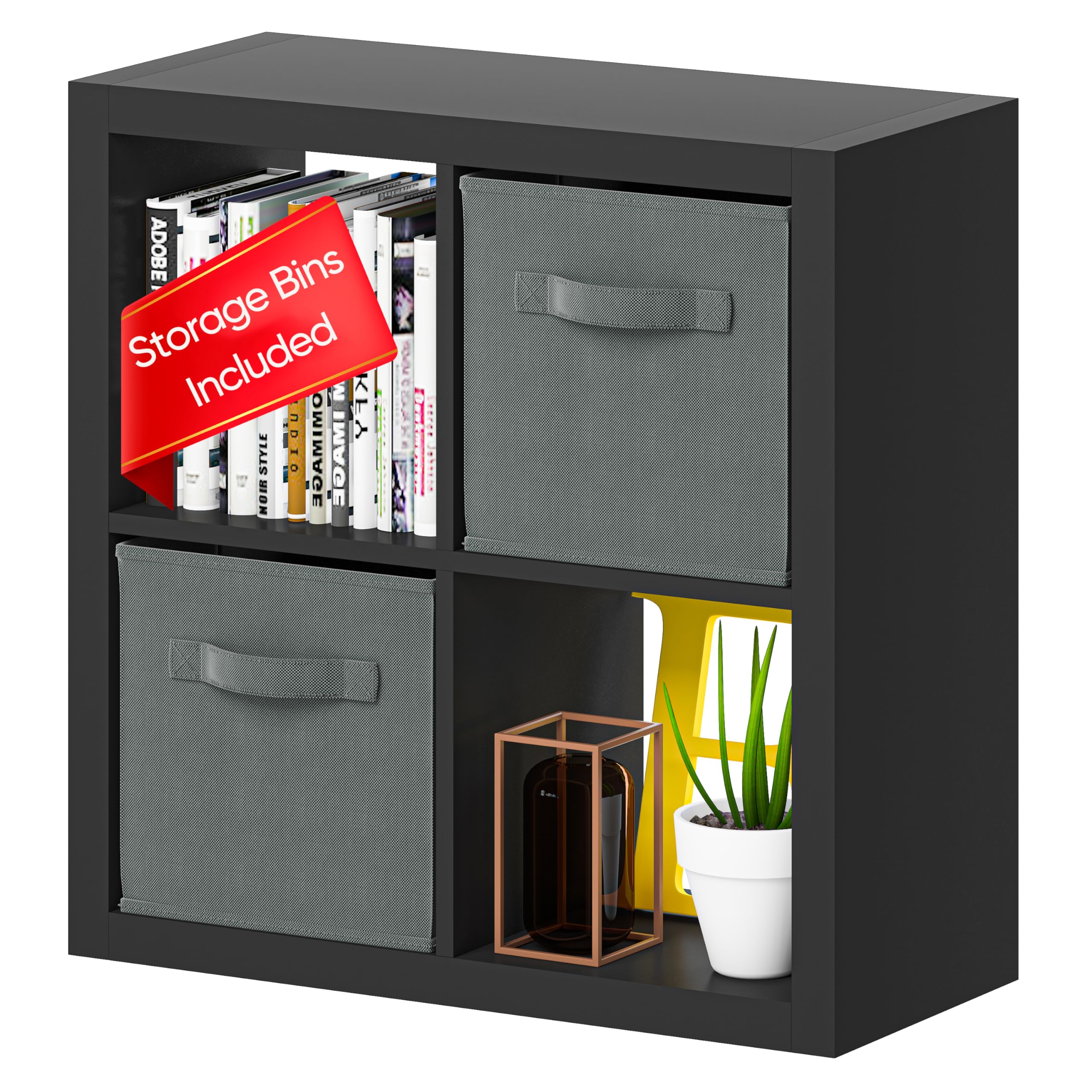 furtble Bookshelf with Storage Bins, 4-Cube Storage Organizer with Back Panels, Modern Wood Open Bookcase, Multifunctional Display Shelf for Living Room, Bedroom, Home Office, Black
