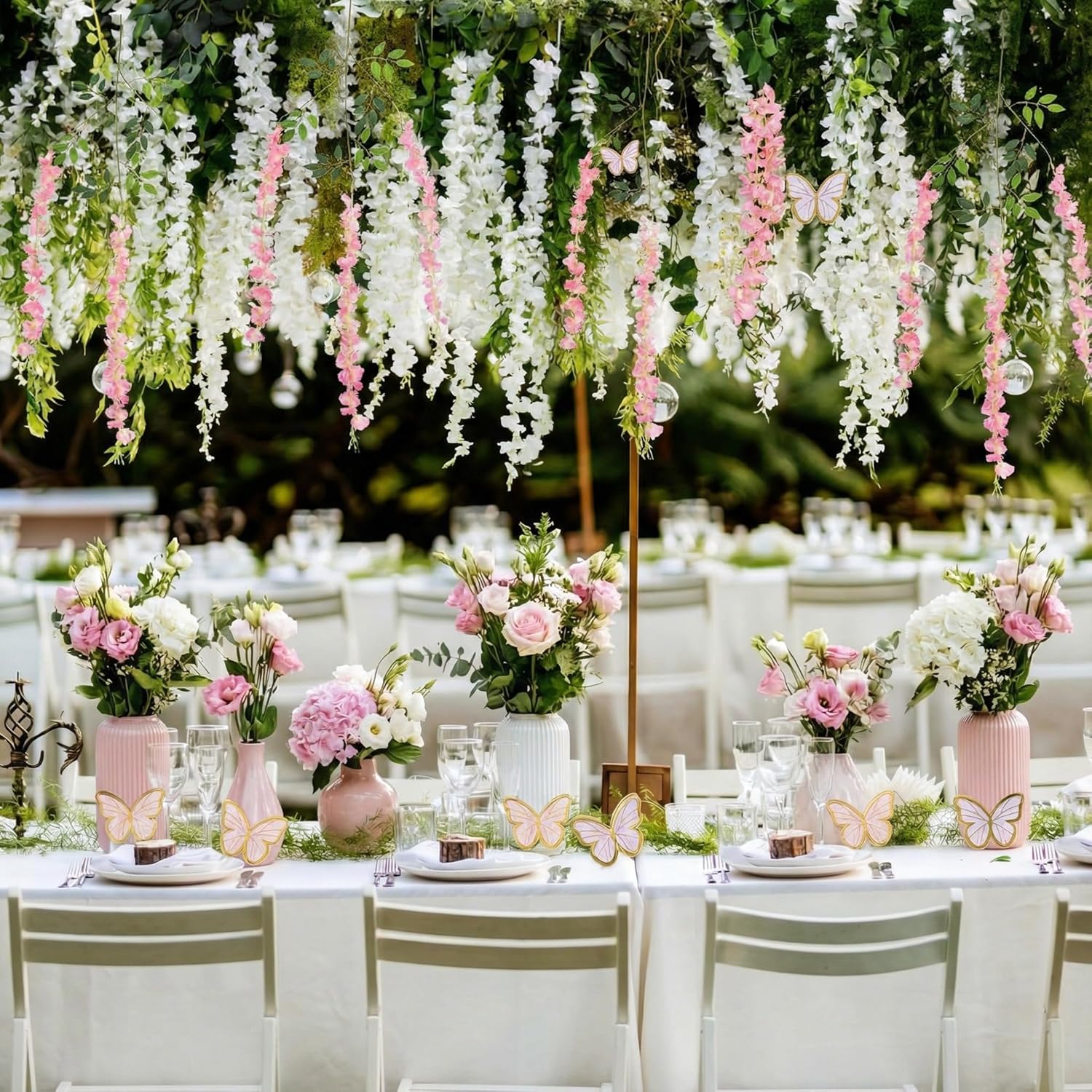 58 Pcs Fairy Party Garland Decoration Artificial Wisteria Hanging Flowers Garland 3.6 Feet Vine Rattan Ivy Greenery Butterfly Decor for Spring Home Garden Wedding Party(Pink, White)