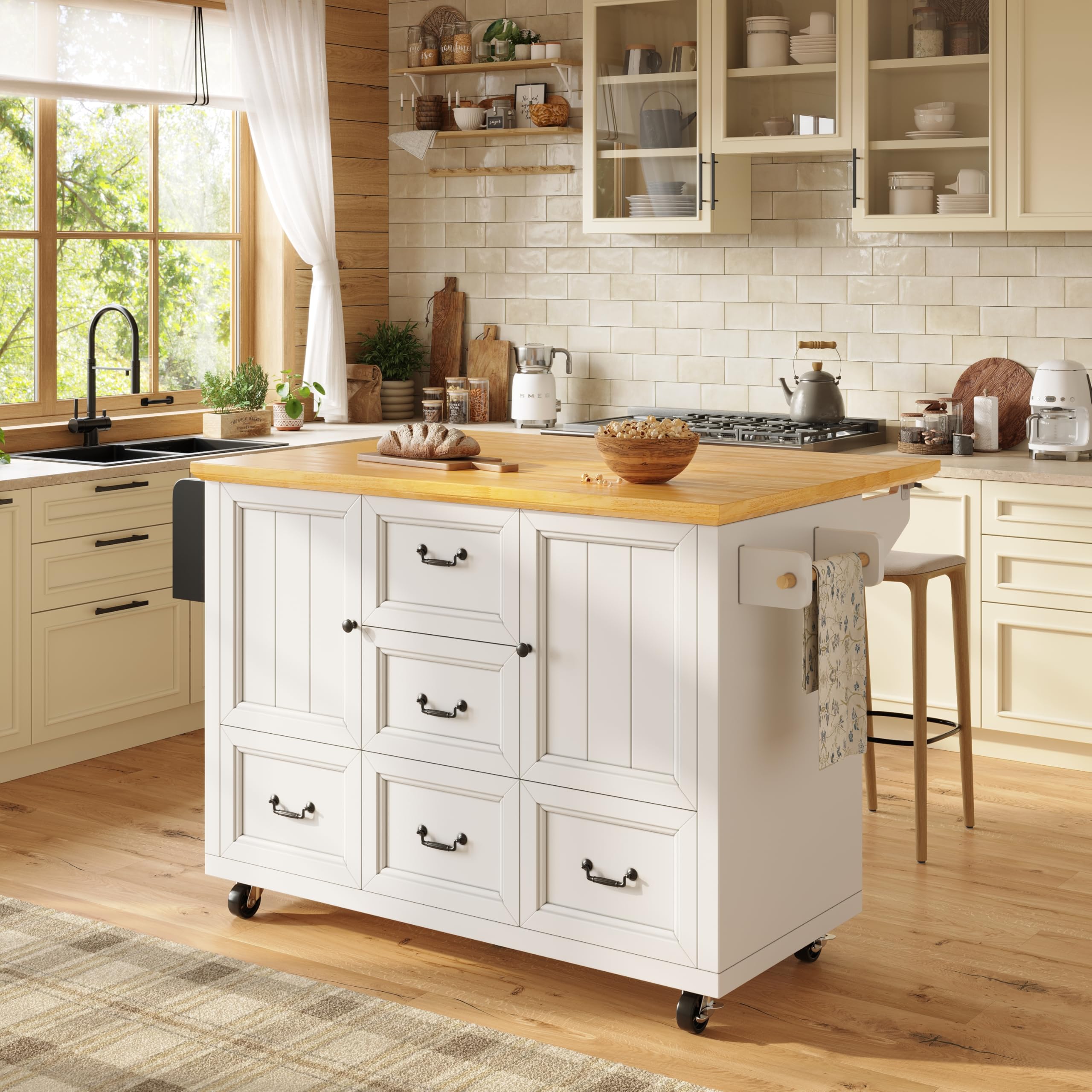 90 x 140 cm Rolling Kitchen Cart Island, Credenza espandibile con portasciugamani, Se Sto, ripiani adiubili, 2 ante e 5 Ders - Ideale per cucinare e pranzare