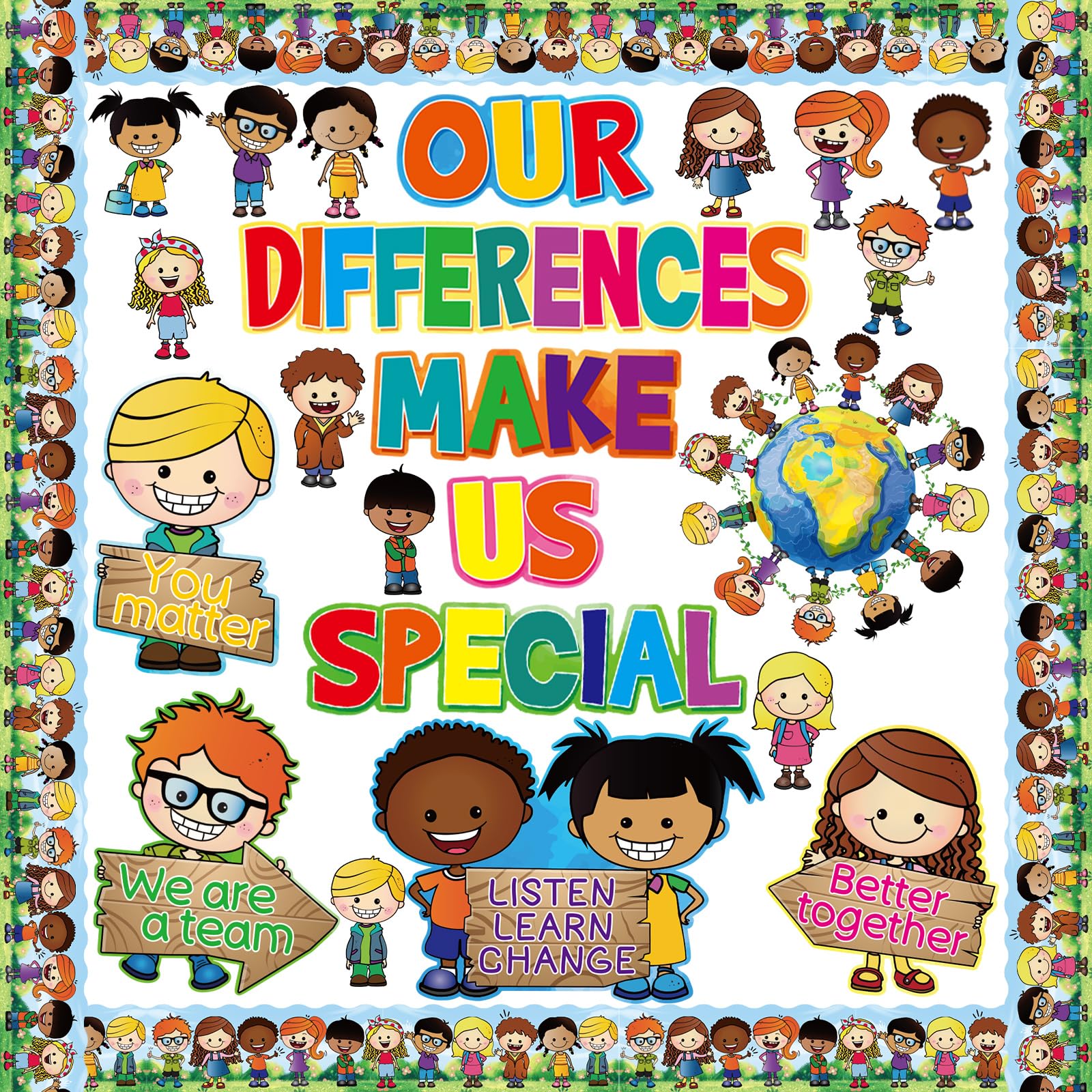 Diversity Bulletin Board Decoration Set Diverse Children Borders Cutouts Our Differences Make Us Special for Classroom Homeschool Decor 86Pcs