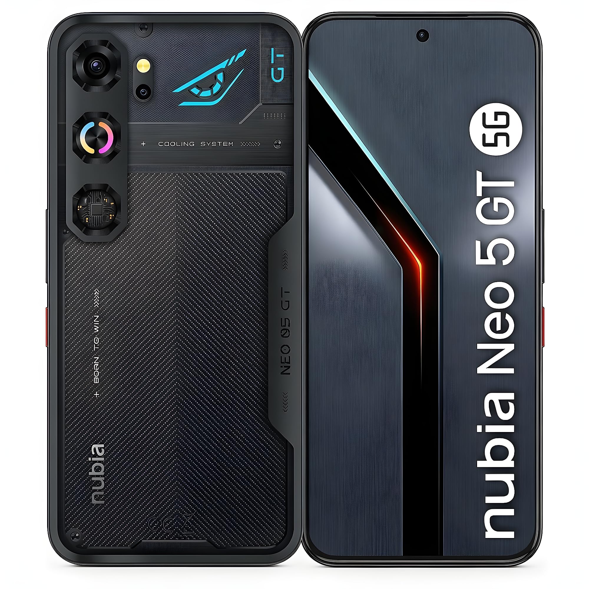 nubia Neo 5 GT Smartphone 5G 6,8’’ AMOLED 120Hz, MediaTek Dimensity 7400, RAM 12GB, 256GB, Batteria 6210mAh, Fotocamera 50MP, Cooling fan, Android 16, Cover con design gaming, Black