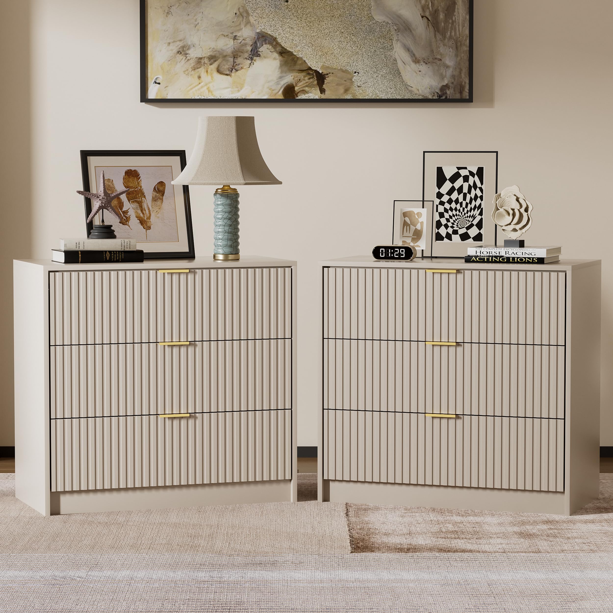 Furniway Fluted Nightstands Set of 2, 31.5" Large Bedside Tables with 3 Drawers, Modern Wood Night Stands with Storage for Bedroom, Beige