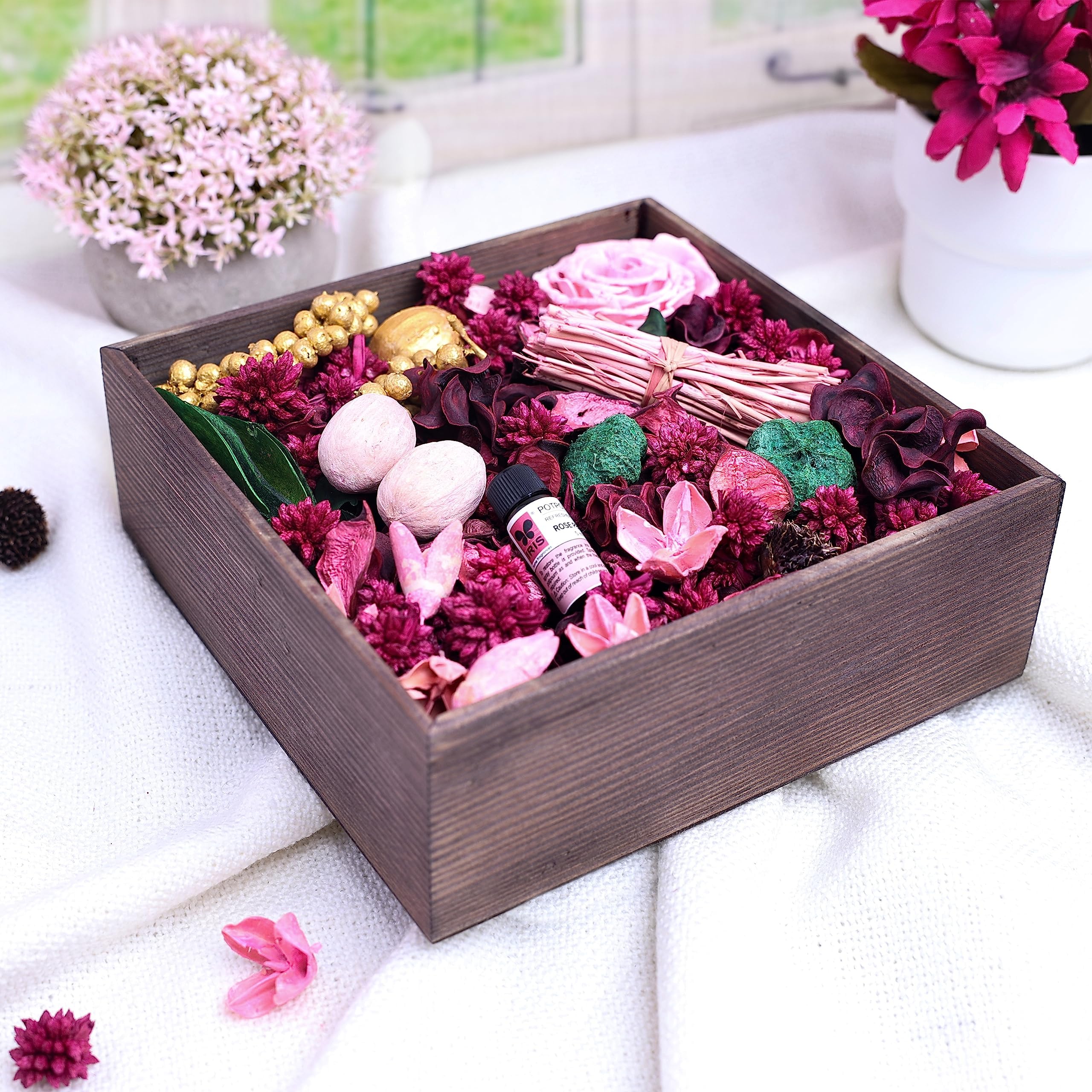Home Fragrances Rose Peony Potpourri in a Wooden Box- 340g with 5ml Refresher Oil Free