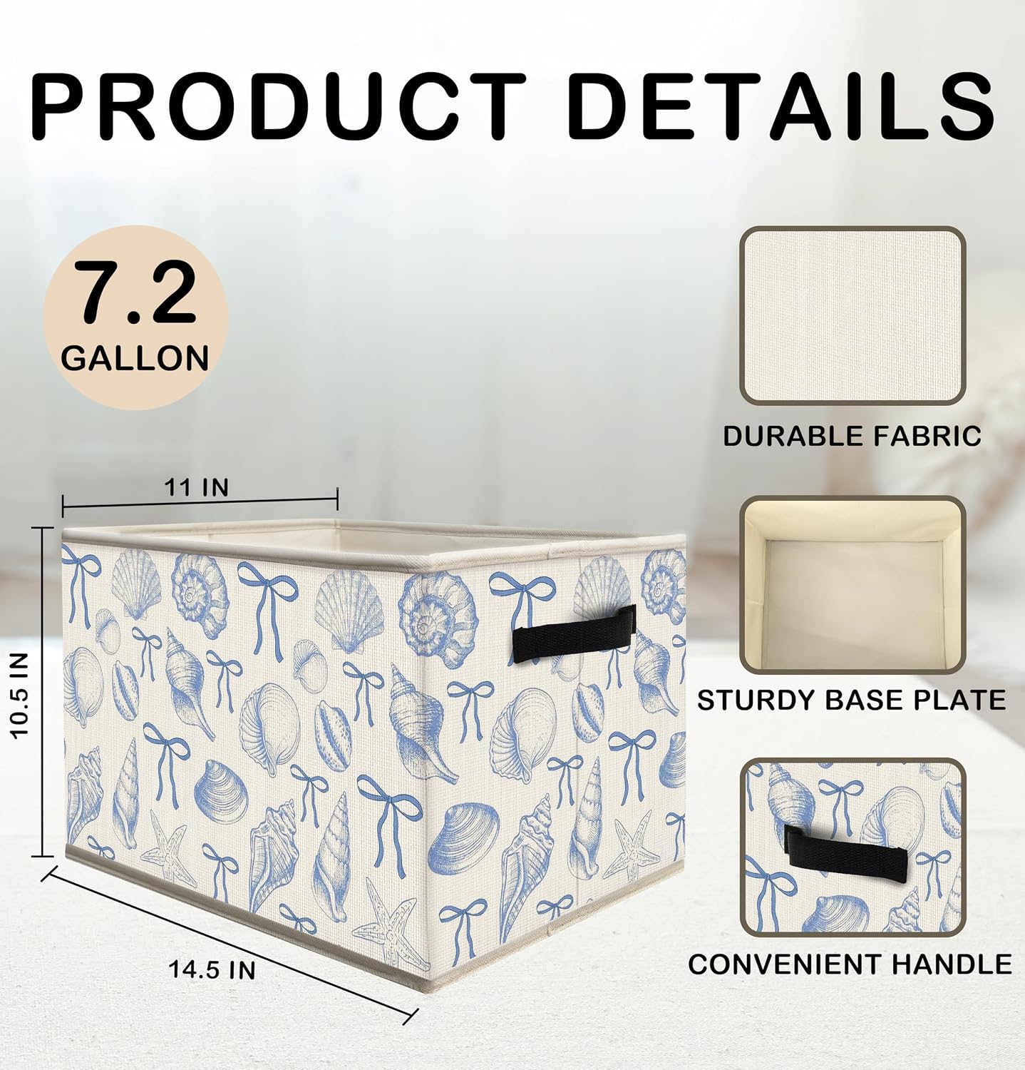 Nogrit Coquette Blue Bow Beach Storage Bins Box, Toybox for Girls, Preppy Coastal Seashell Foldable Baskets Organizer Container with Handles for Girls Bedroom Dorm Bathroom Clothes Toys Books