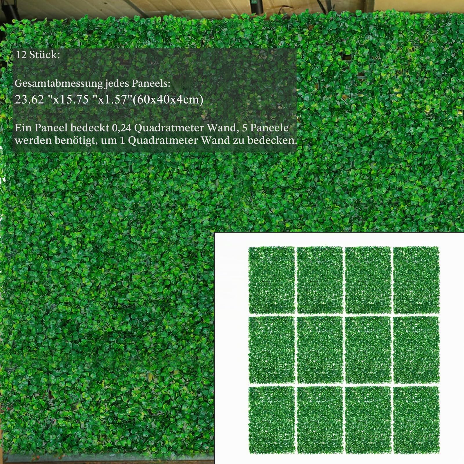 12 Stück Künstliche Pflanzen Wand 40X60cm wasserdicht künstliche Mattenpaneel Pflanzenwand, Sichtschutz Wandbegrünung Dekorative Zäune für Balkon Gartenzaun Dekorative Zäune, Einrastbares Paneel
