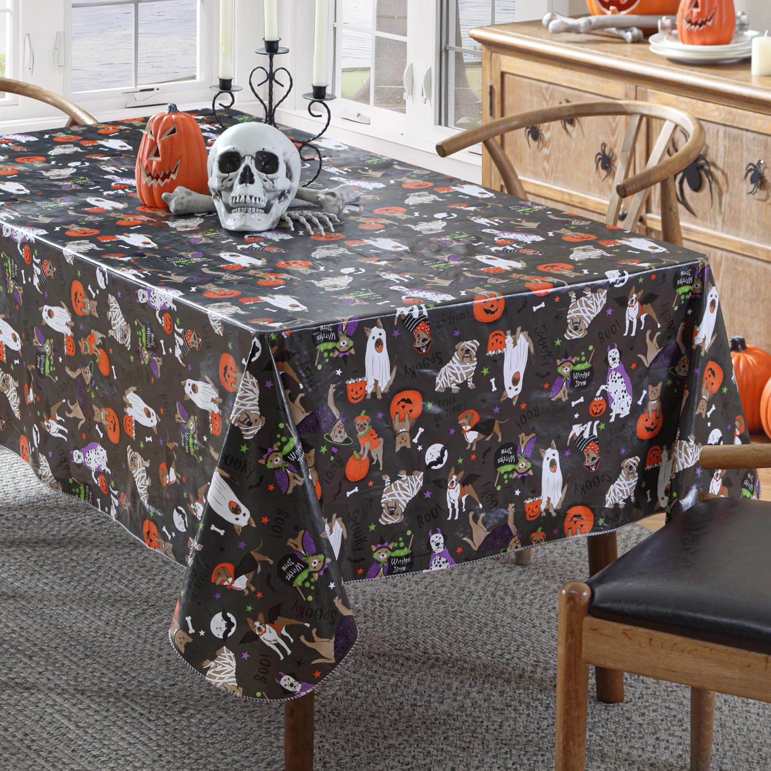 Newbridge Halloween Pets Trick or Treat 60 x 102 Inch Rectangle Vinyl Flannel Backed Dining Tablecloth