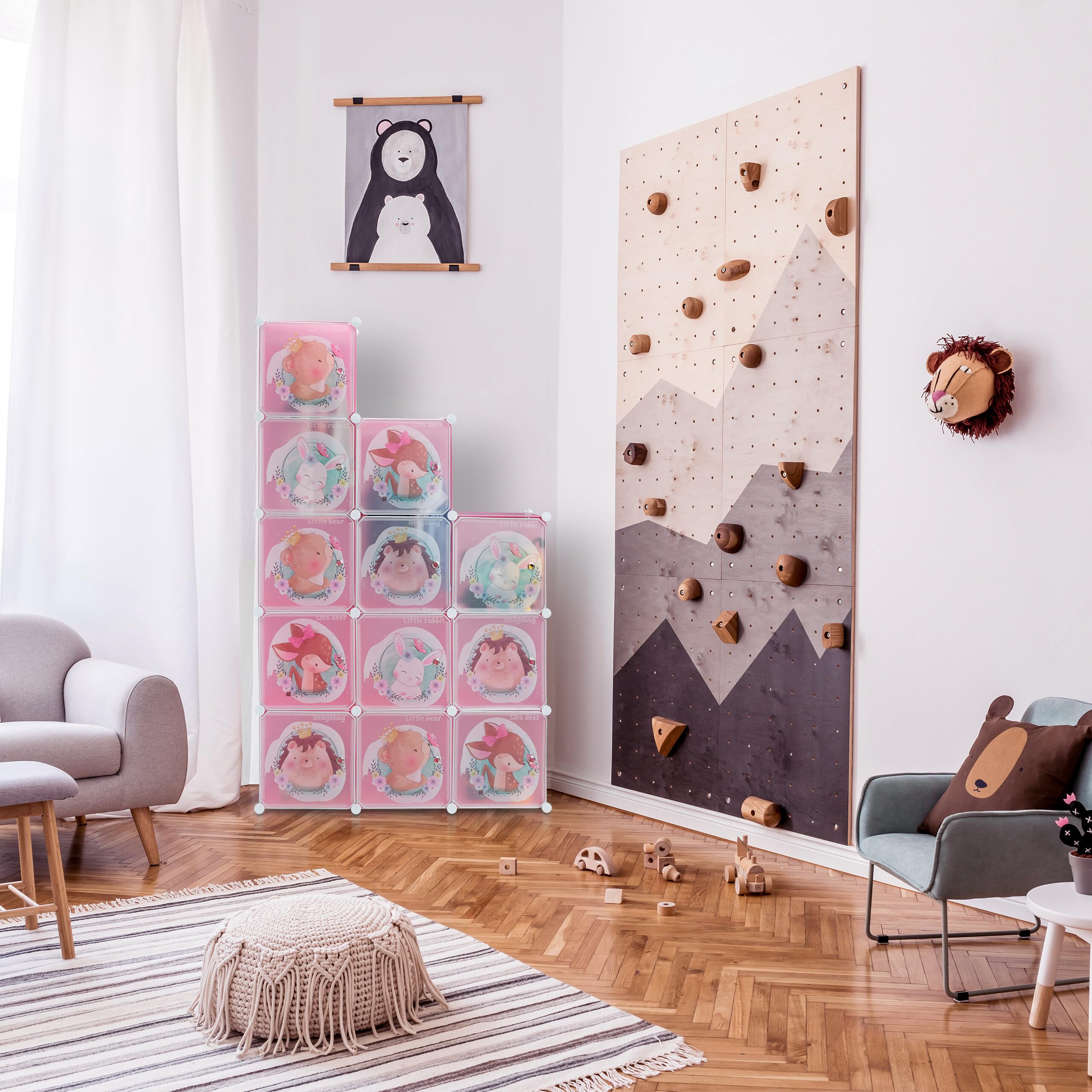 Relaxdays Steckregal Kinder, 2 Kleiderstangen, Türen mit Tierkindern, HBT: 145x110x37 cm, DIY Kinderkleiderschrank, rosa