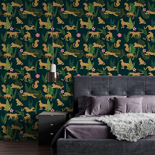 Miniatura 7 de Papel tapiz con estampado de leopardo de 17.7 x 472 pulgadas, papel tapiz tropical para pegar y despegar, papel de contacto verde oscuro para