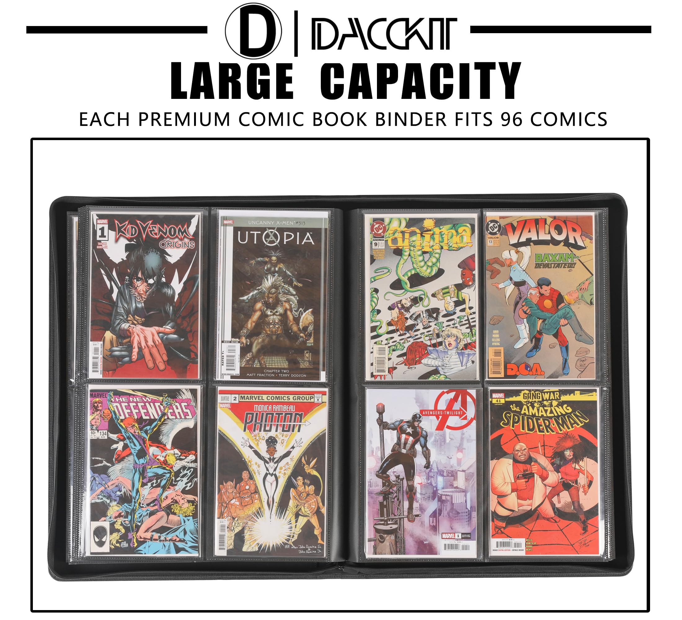 D DACCKIT Raccoglitore di fumetti di alta qualità, contiene 96 fumetti, album per fumetti con maniche, adatto per fumetti regolari e fumetti insaccati e imbarcati (modello C, nero classico)