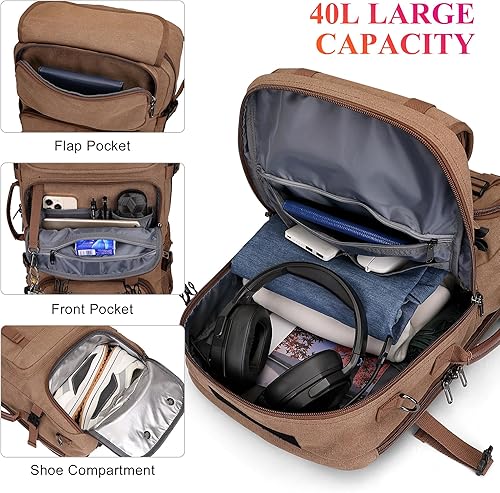 Miniatura 3 de WITZMAN Mochila de viaje para hombre, 40 L, grande, aprobada por aerolínea, convertible 3 en 1, bolsas para laptop de 17 pulgadas (A8013 marrón)