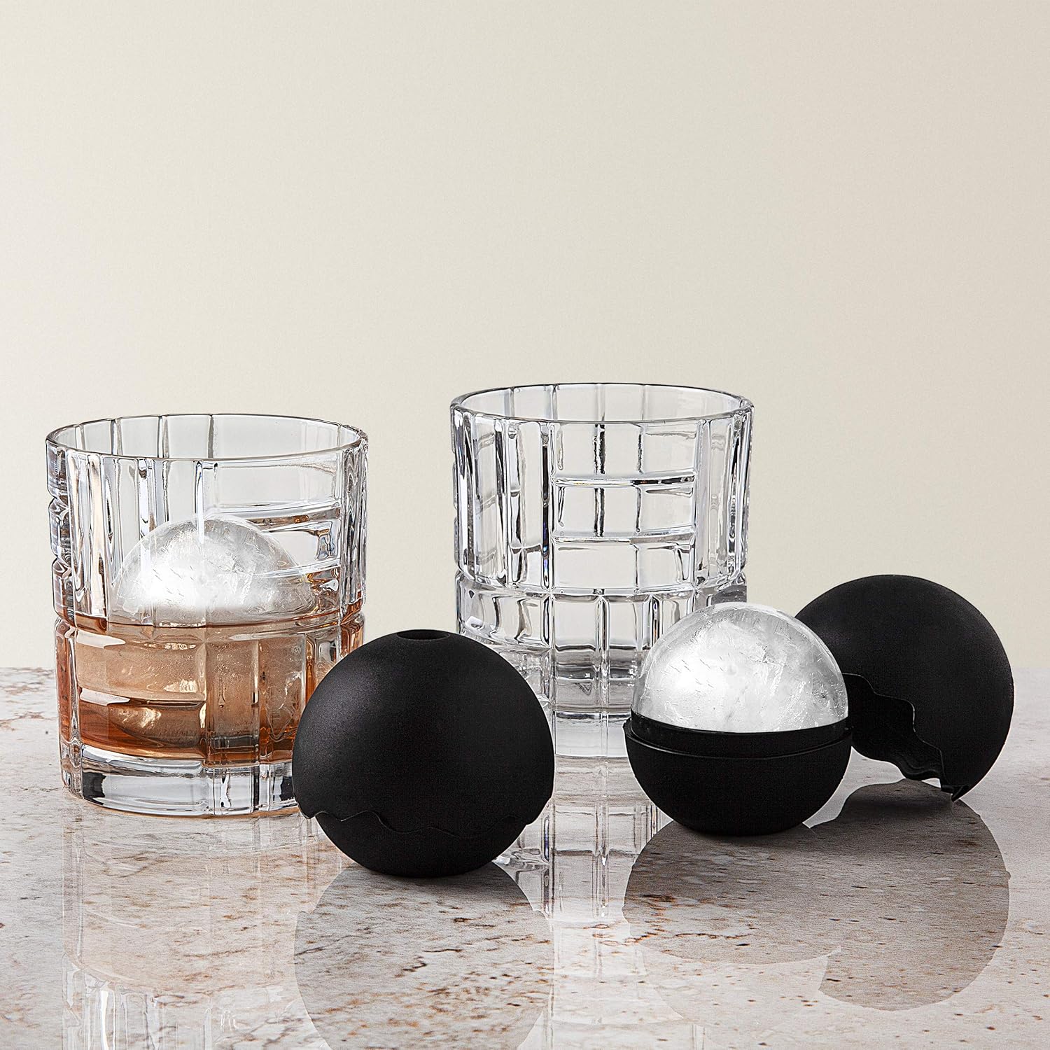 Whiskey Glasses Barware Set - 2 Old Fashioned Glasses with 2 Chilled Whisky Ice Ball Molds