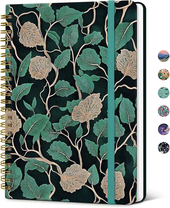 Hardcover Journal for Women, Pretty Spiral Lined Notebook for Work, A5 | 5.8" x 8.3", 140 Pages, for Work, School & Note Taking, Aesthetic College Ruled Journal for Writing, Emerald Vines