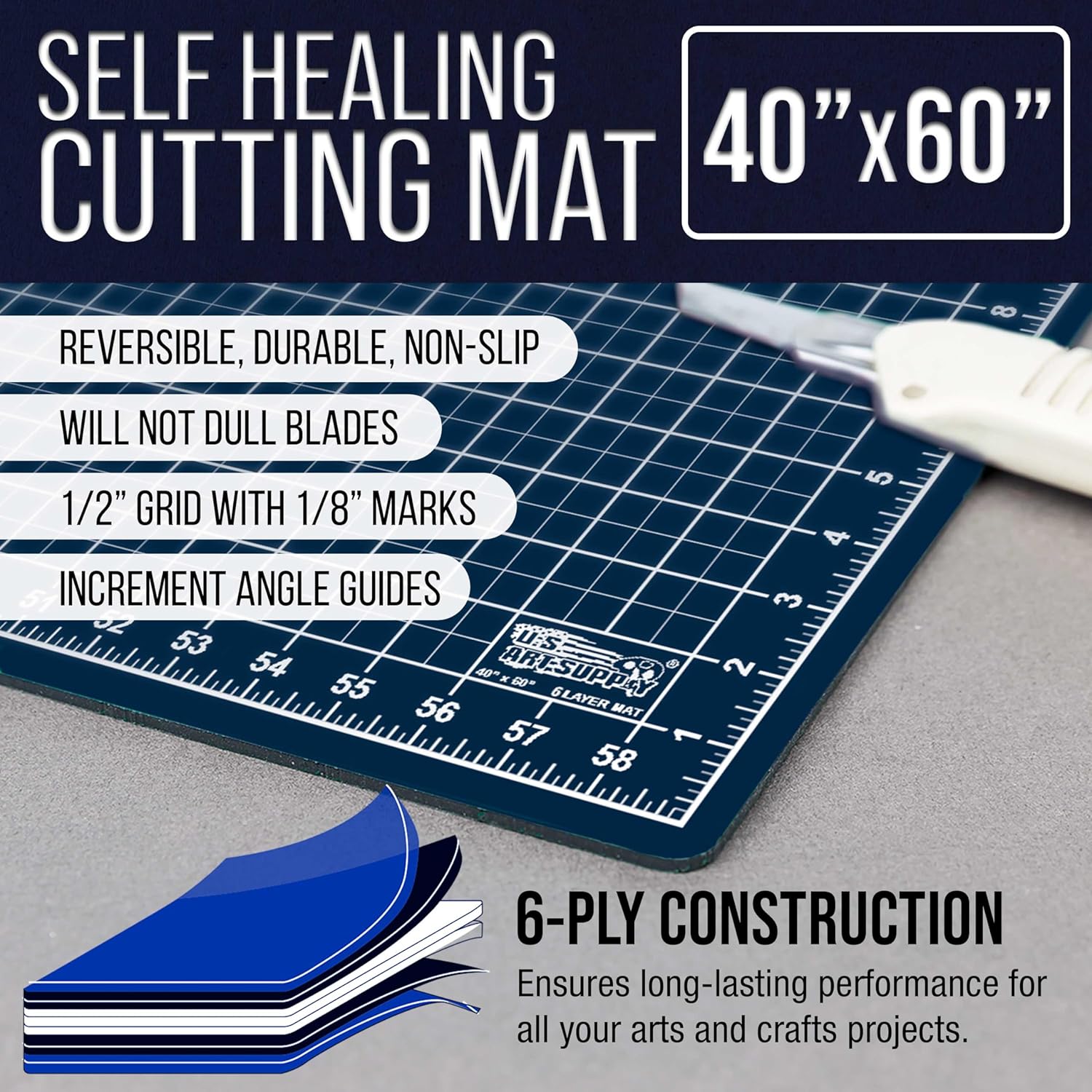 U.S. Art Supply 40" x 60" Self-Healing Cutting Mat 5-Ply - Double-Sided White/Blue Craft Mat, Non-Slip Cutting Mats for Crafts, Sewing, Quilting, Scrapbooking