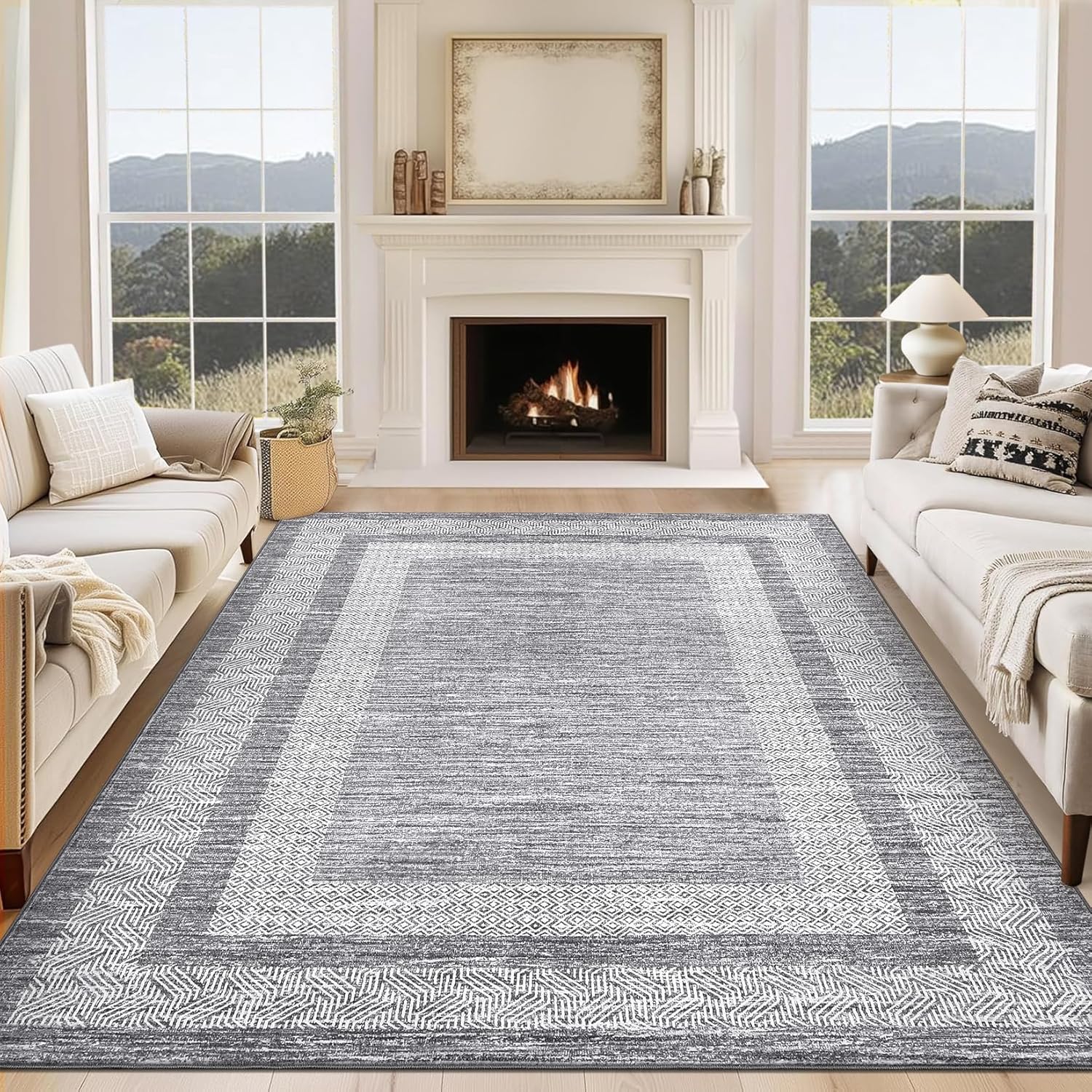 GarveeHome Modern Geometric Area Rug 5x7 Distressed Bordered Rug Washable Non Slip Floor Carpet Non Shedding Thin Rug, Soft Low Pile Rug, Contemporary Gray Rug for Dining Room, Living Room Grey 5' x 7' (Rectangular)