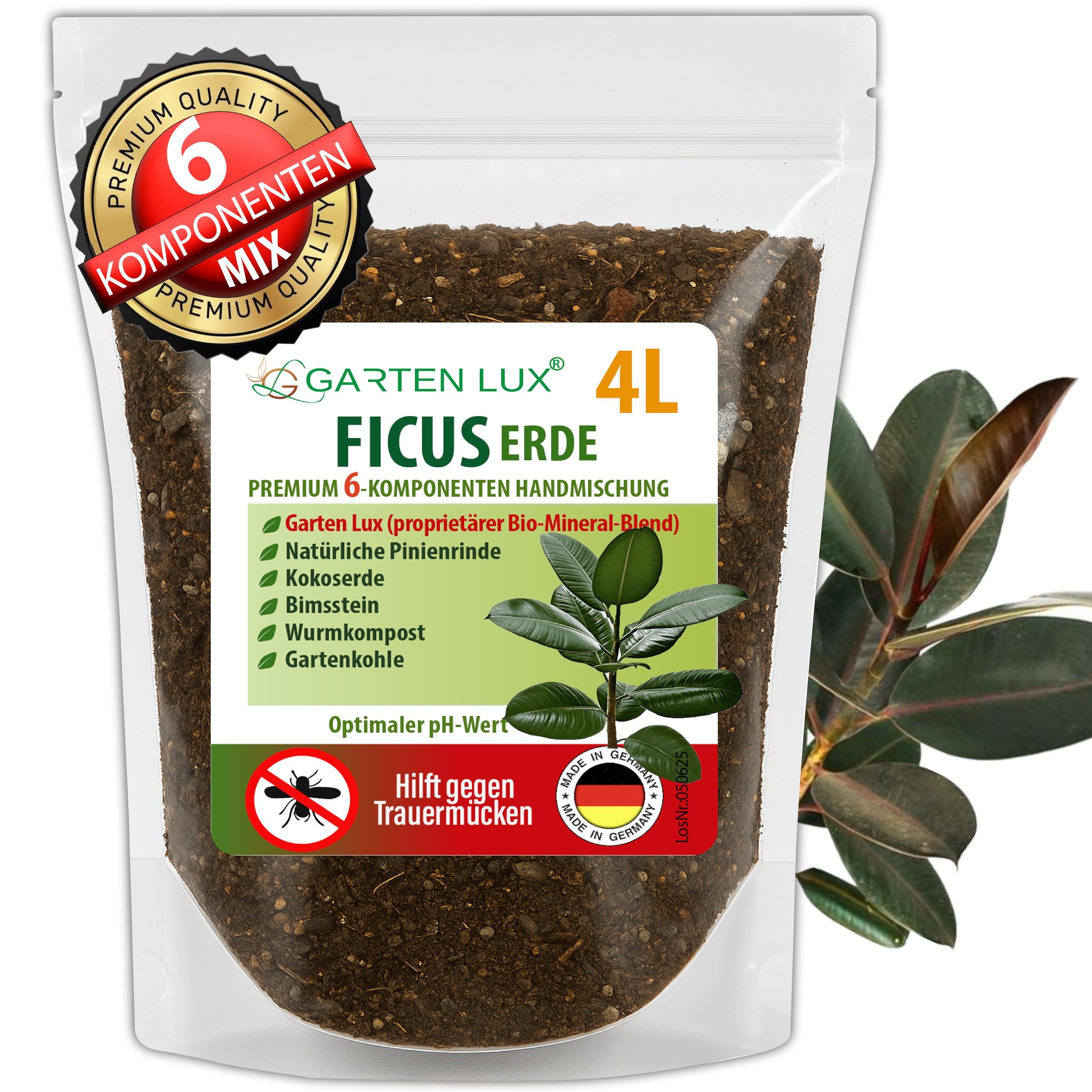Garten Lux Ficus ziemia 4 l – specjalna ziemia 6 w 1, bez torfu, przeciw komarom – do Ficus Benjamina, Elastica, Lyrata, Pumila, Carica, Microcarpa, Alii, Benghalensis i wielu innych